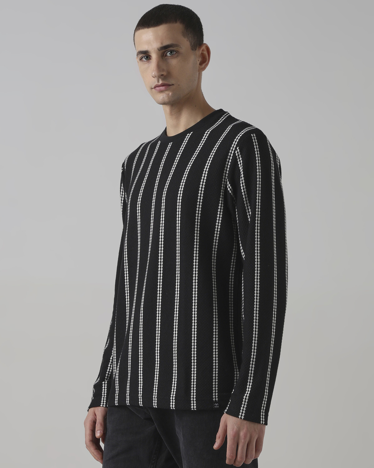 Image of MUFTI Striped Men Crew Neck Black T-Shirt