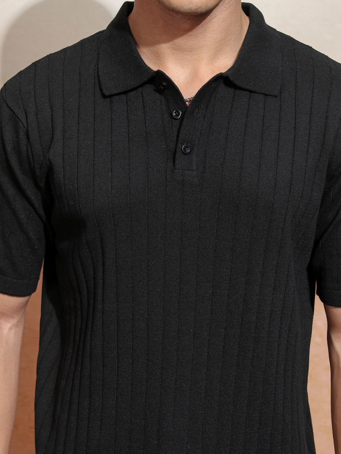 Image of HIGHLANDER Striped Men Polo Neck Black T-Shirt