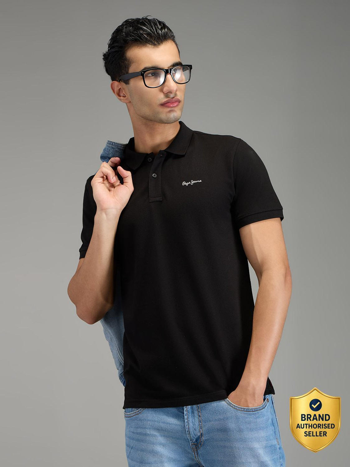 Image of Pepe Jeans Self Design Men Polo Neck Black T-Shirt