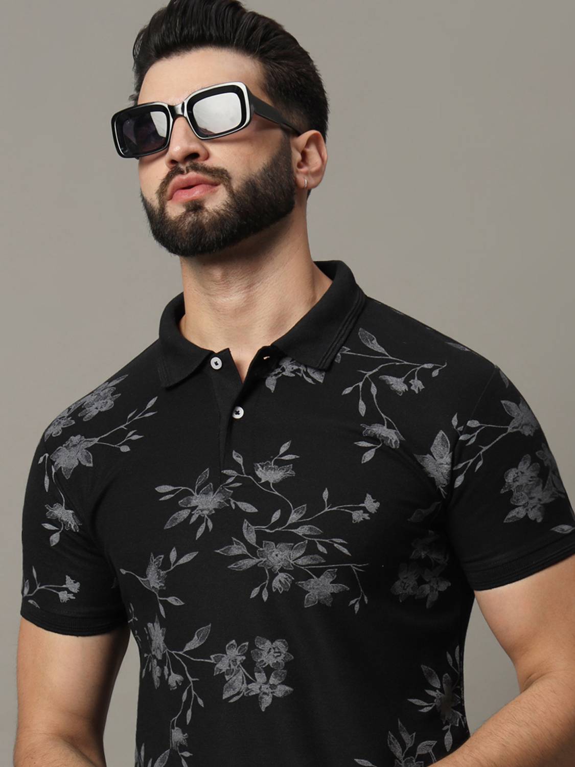 RARHANPREMIUM Men Printed Polo Neck Cotton Blend Black T-Shirt