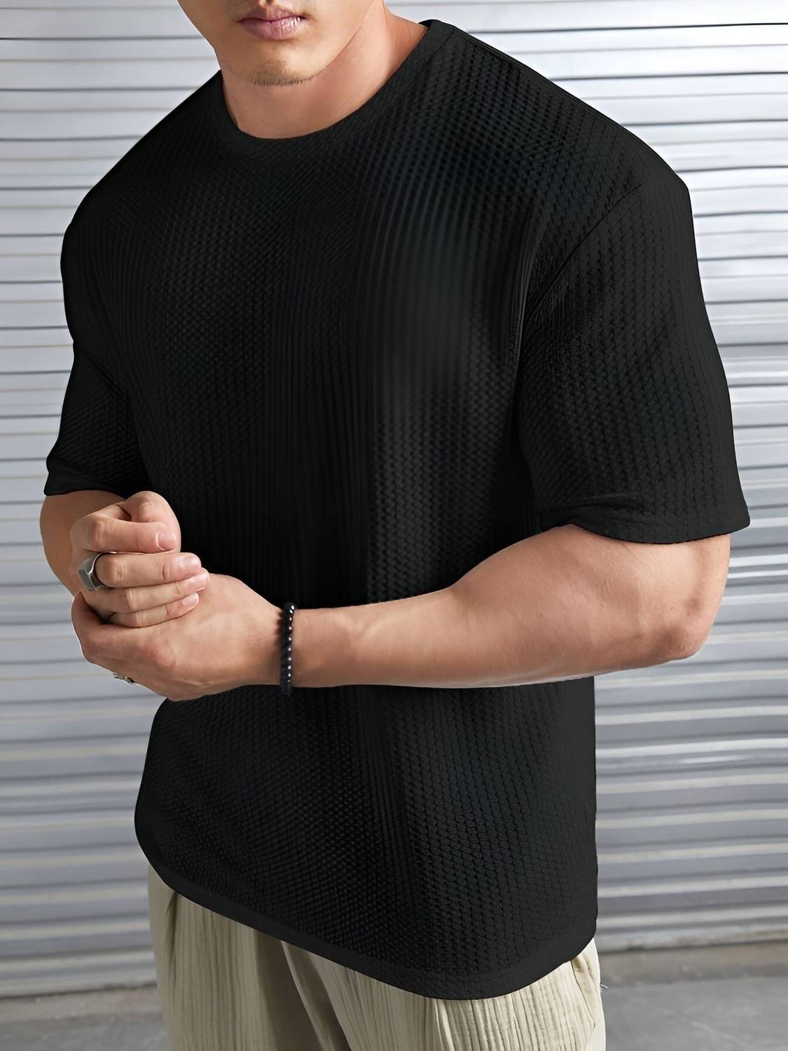 Madfrog Men Solid Round Neck Polyester Black T-Shirt