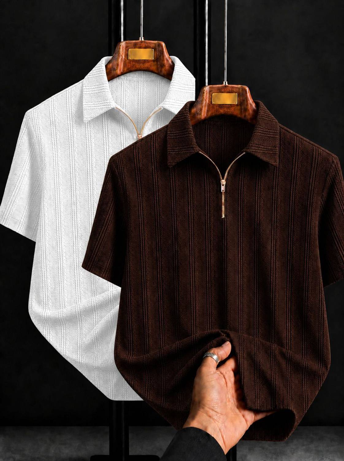 mozero Self Design Men Zip Neck White, Brown T-Shirt