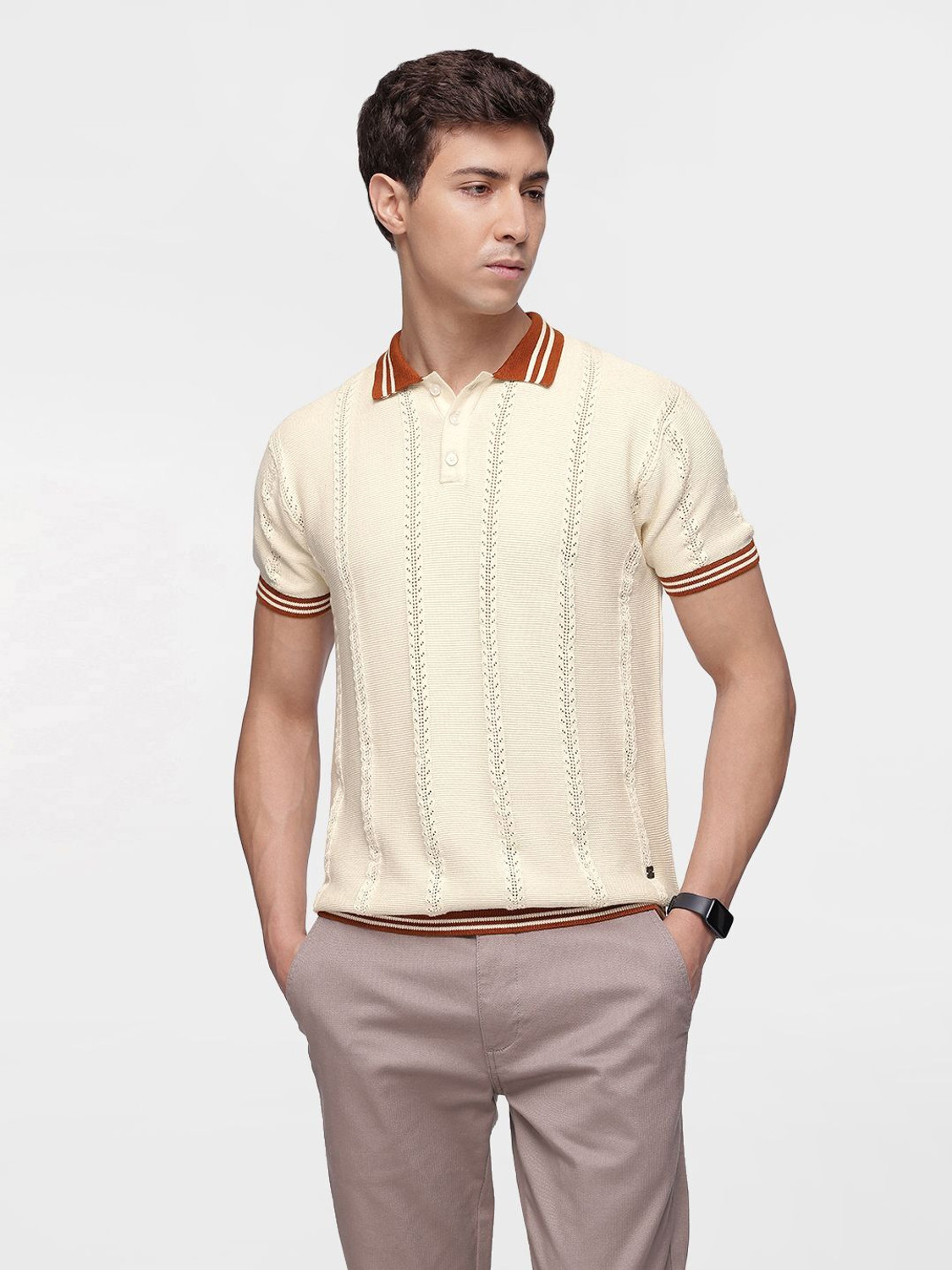 Image of French Connection Self Design Men Polo Neck White T-Shirt