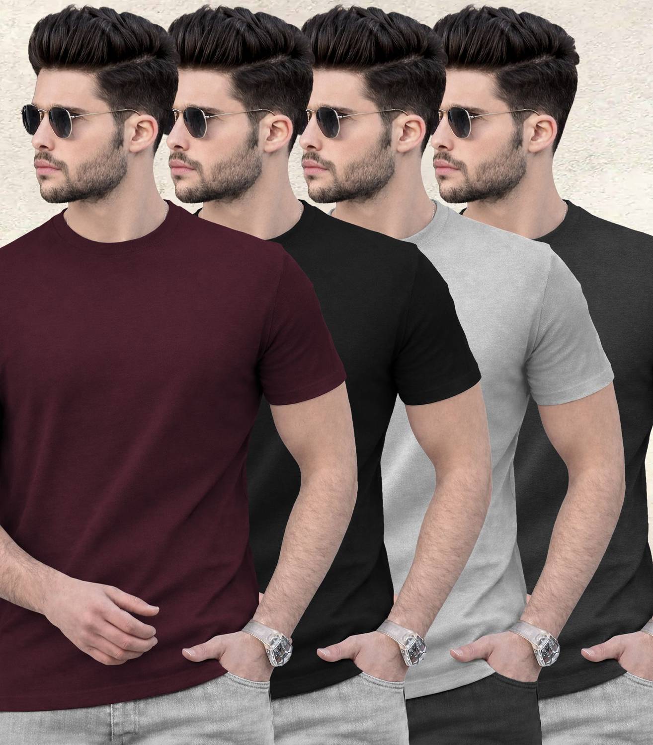 TRIPR Pack of 4 Men Solid Round Neck Cotton Blend Multicolor T-Sh