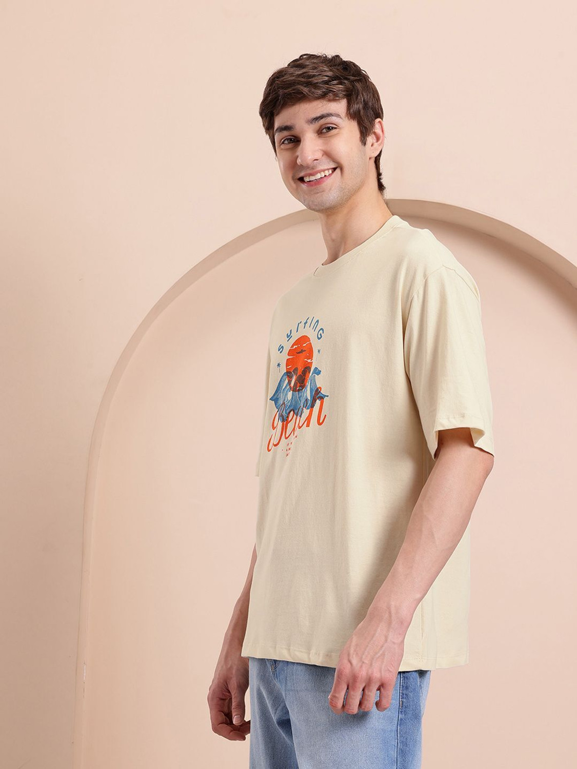 Image of Mast & Harbour Printed Men Round Neck Beige T-Shirt