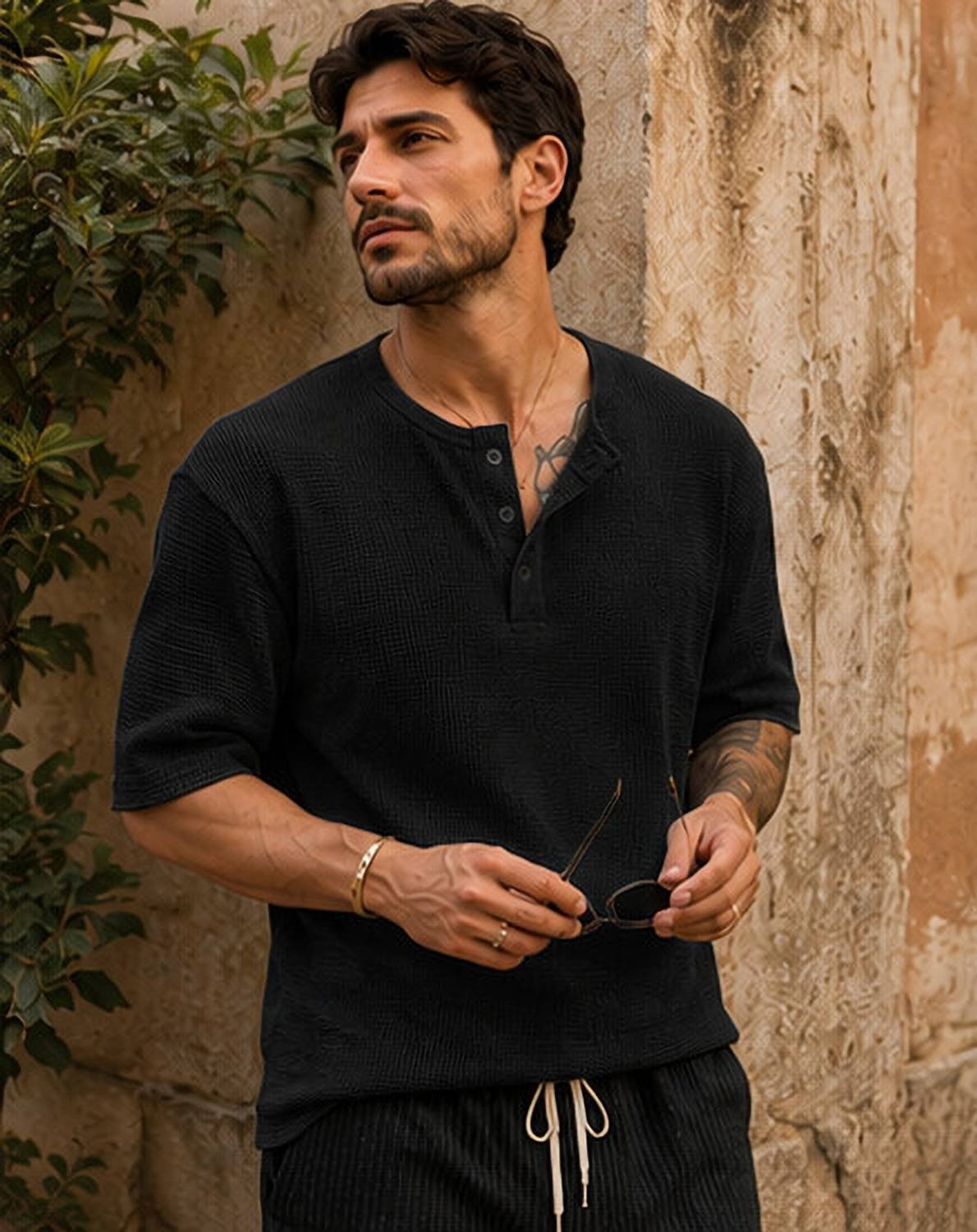 HOODLER Men Henley Neck Black T-Shirt - Image 4
