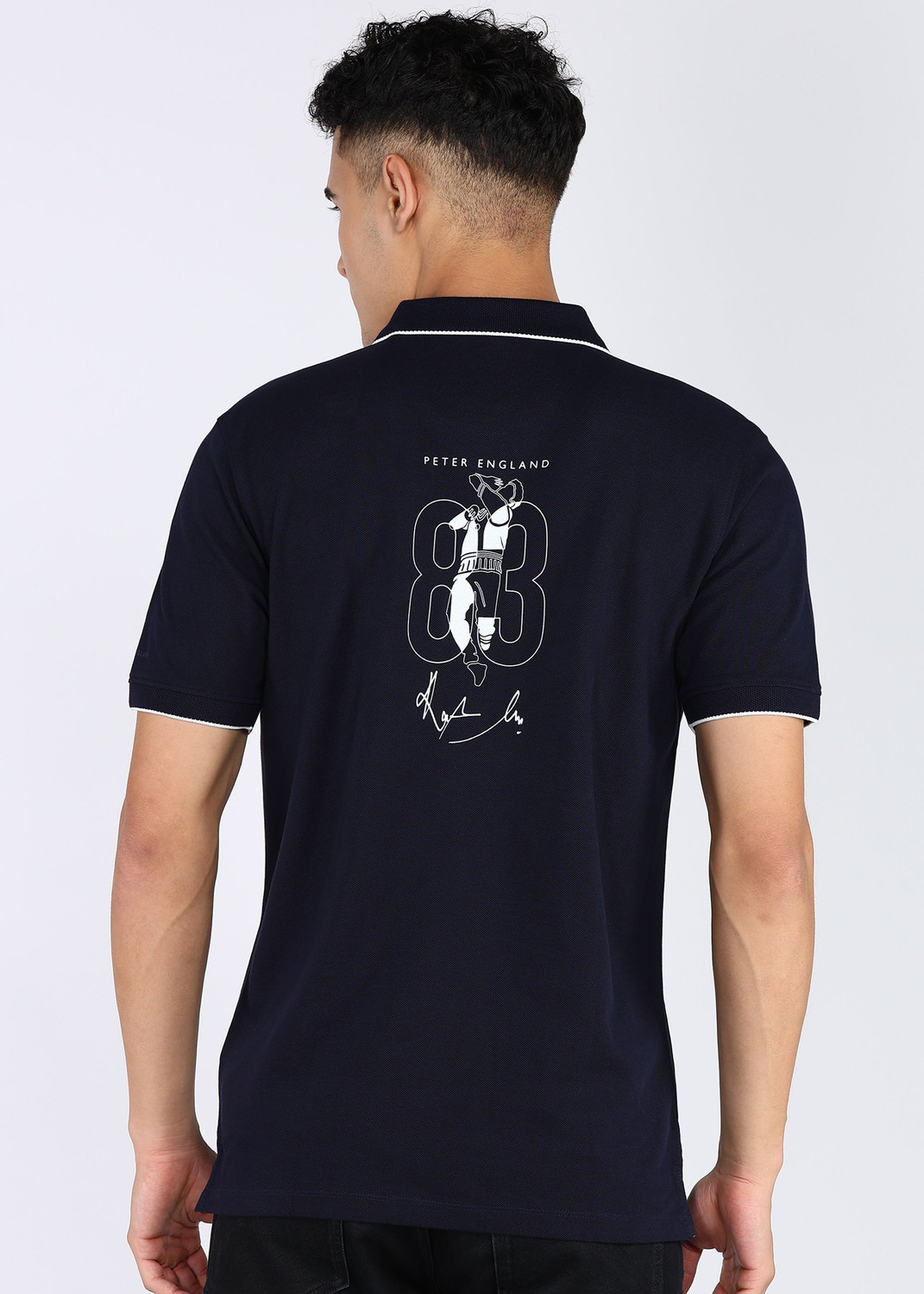 Image of PETER ENGLAND Solid Men Polo Neck Dark Blue T-Shirt