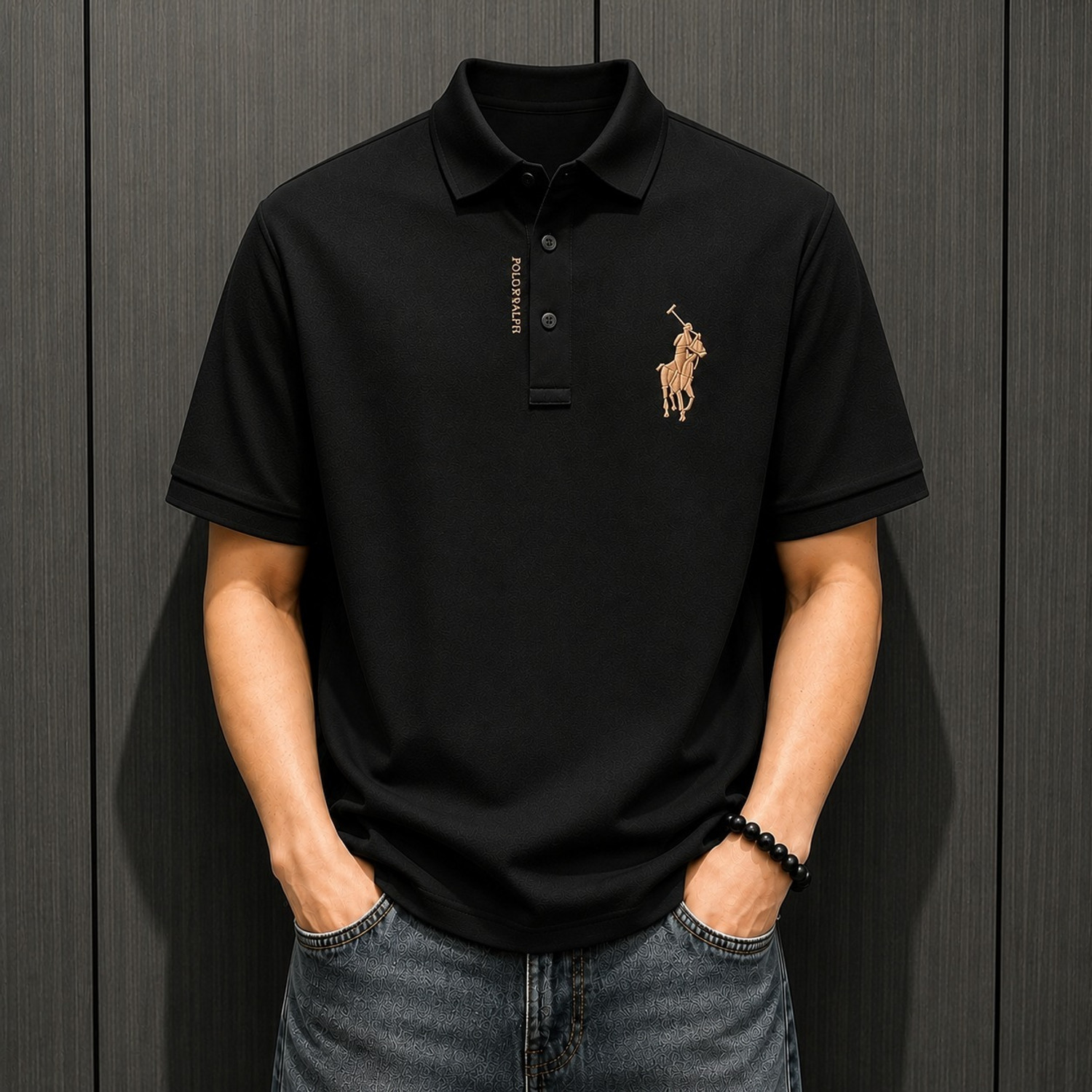 Image of DLooK Designer Embroidered Men Polo Neck Black T-Shirt