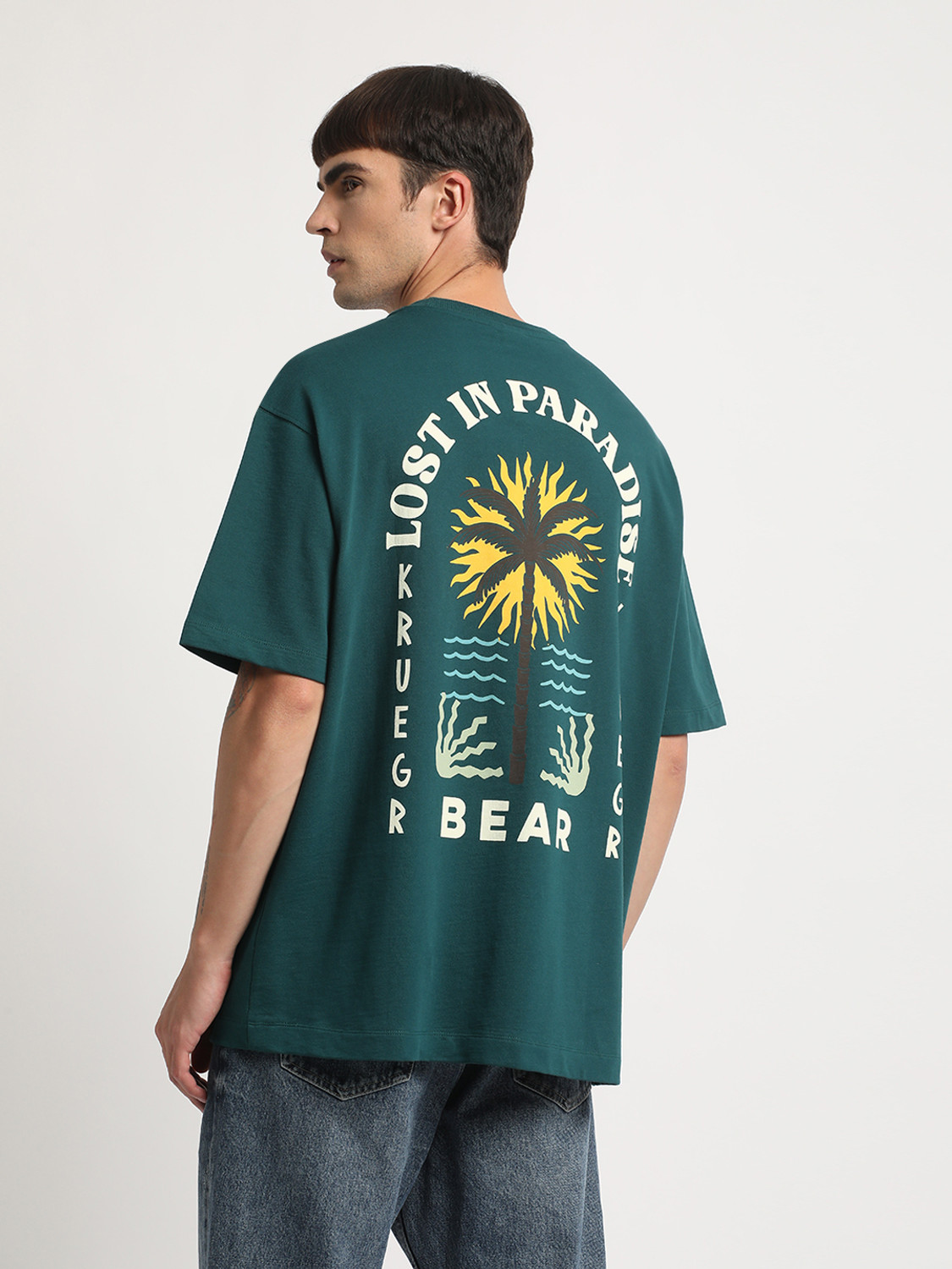 Image of THE BEAR HOUSE Printed Men Round Neck Green T-Shirt