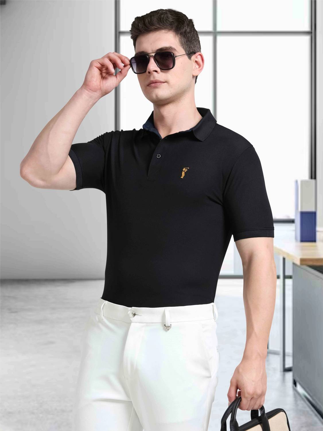 Stellers Men Solid Polo Neck Polyester Black T-Shirt