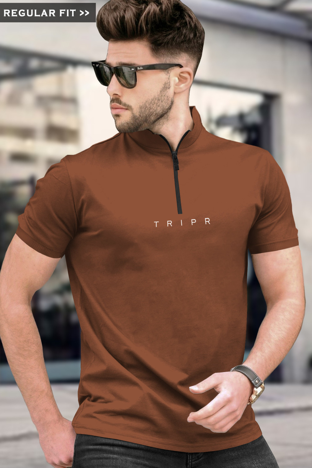 Image of TRIPR Printed Men Mandarin Collar Brown T-Shirt