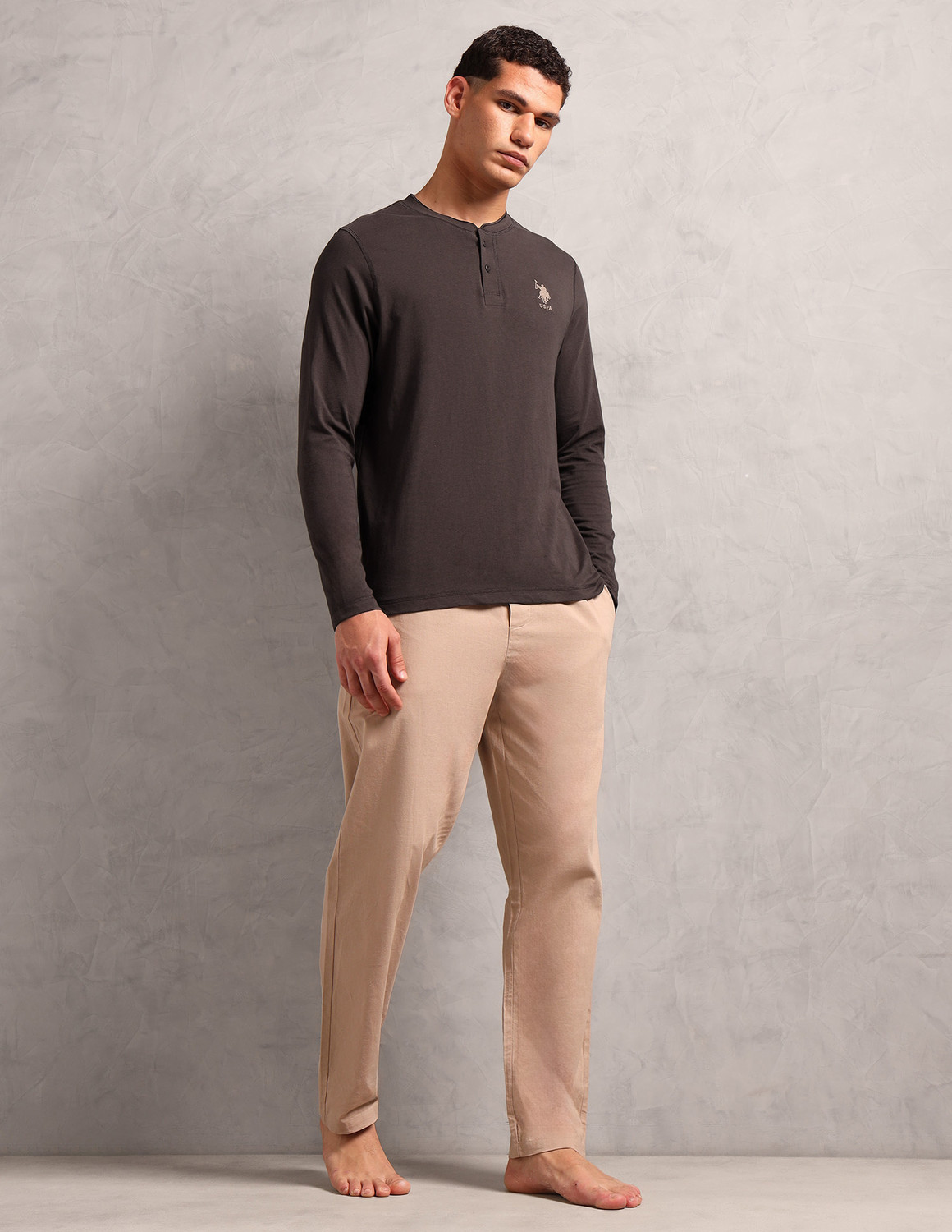 Image of U.S. POLO ASSN. Solid Men Henley Neck Brown T-Shirt