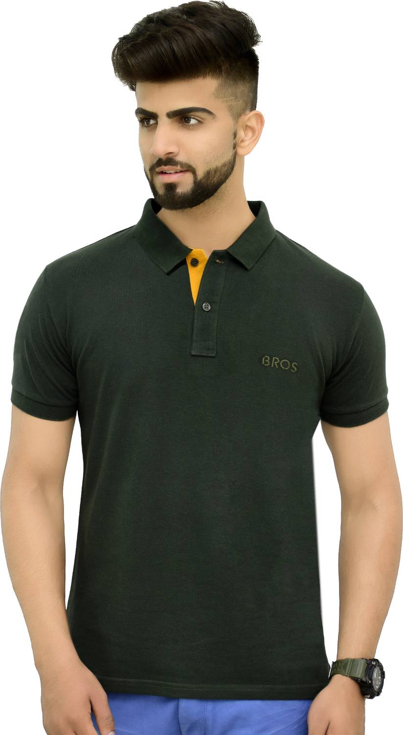 3BROS Men Solid Polo Neck Cotton Blend (220 gsm) Green T-Shirt