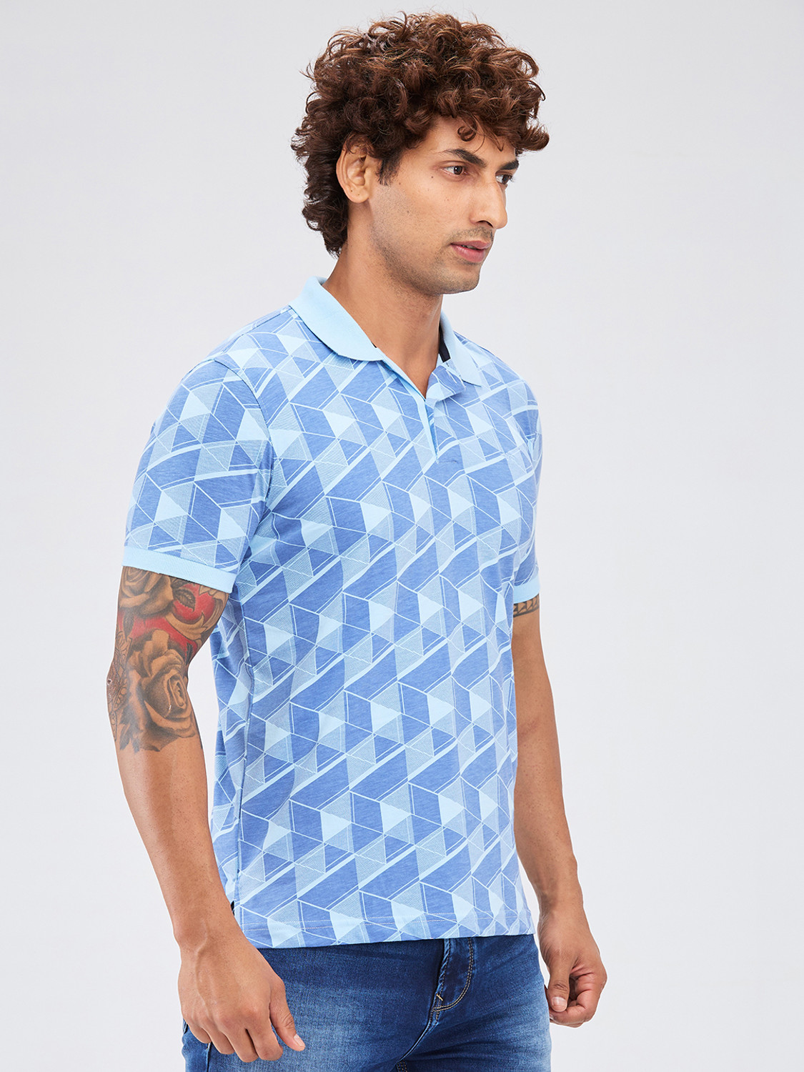 Image of PARK AVENUE Printed Men Polo Neck Blue T-Shirt