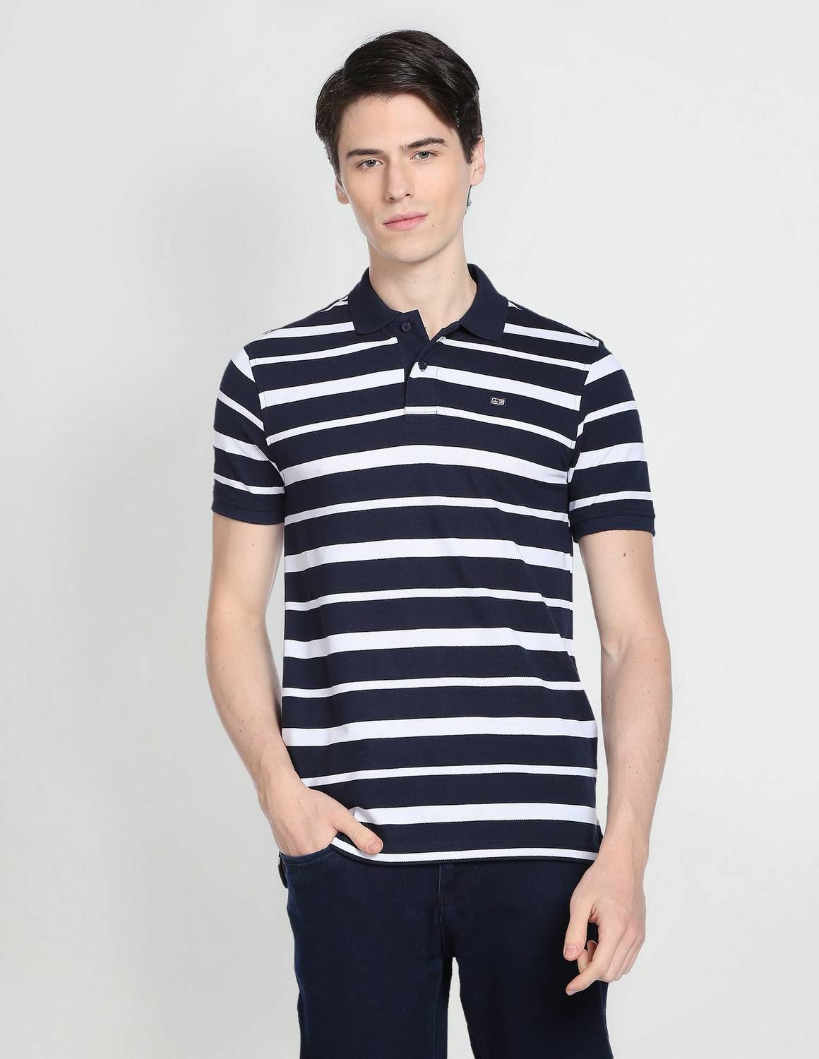 Arrow Sport Striped Men Polo Neck Blue T-Shirt
