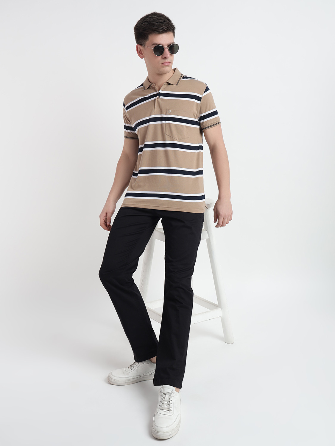 Image of UNIBERRY Striped Men Polo Neck Beige T-Shirt
