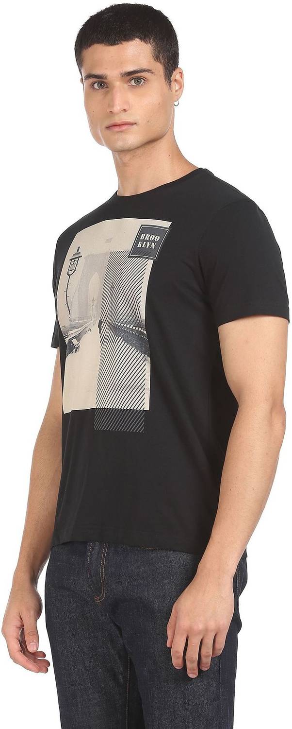 Arrow Sport Printed Men Round Neck Black T-Shirt