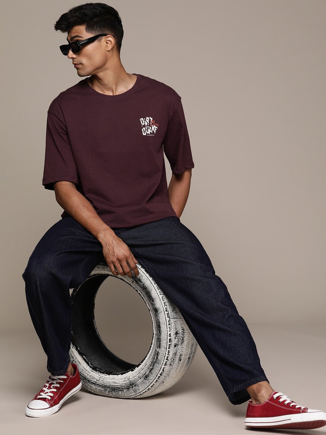 Image of Roadster Printed, Typography Men Round Neck Maroon T-Shirt