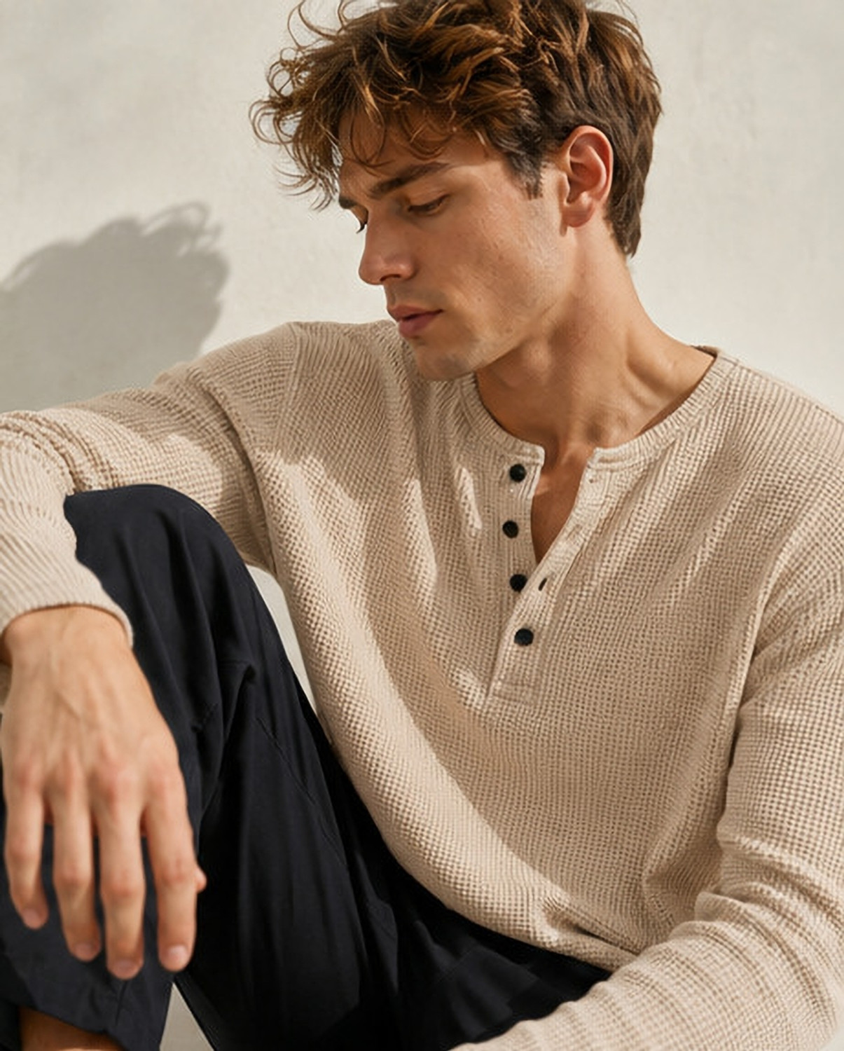 Image of NOOK Self Design Men Henley Neck Beige T-Shirt