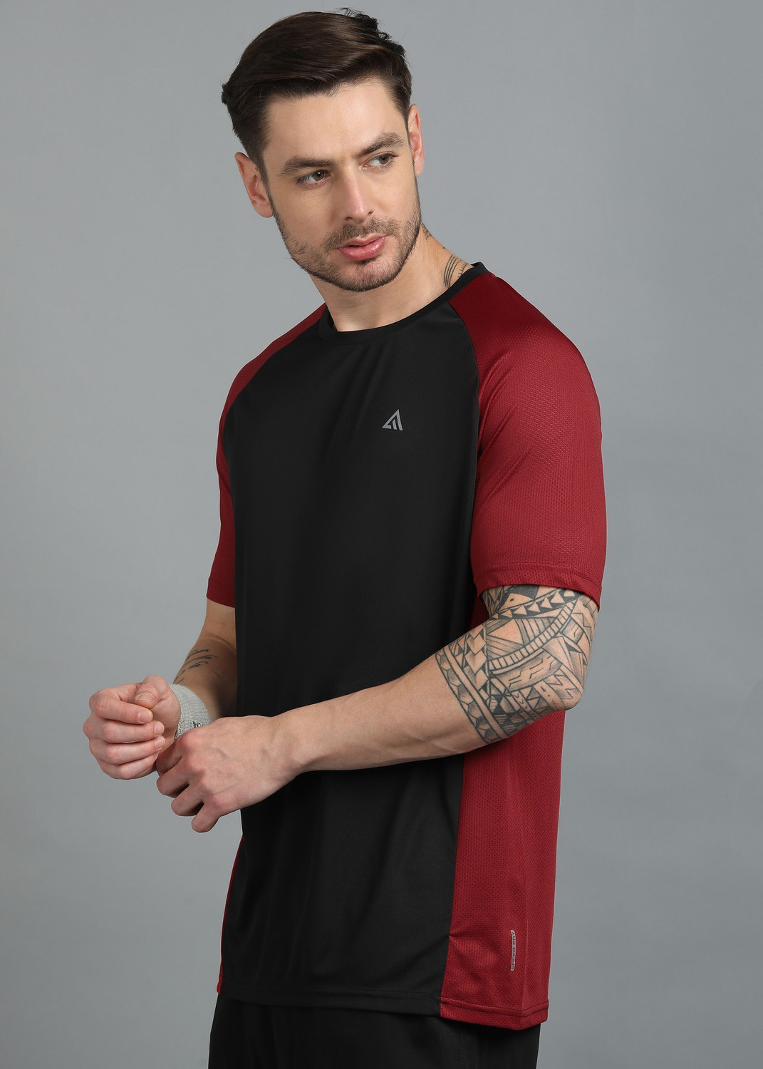 Image of Adrenex Colorblock Men Round Neck Black, Maroon T-Shirt