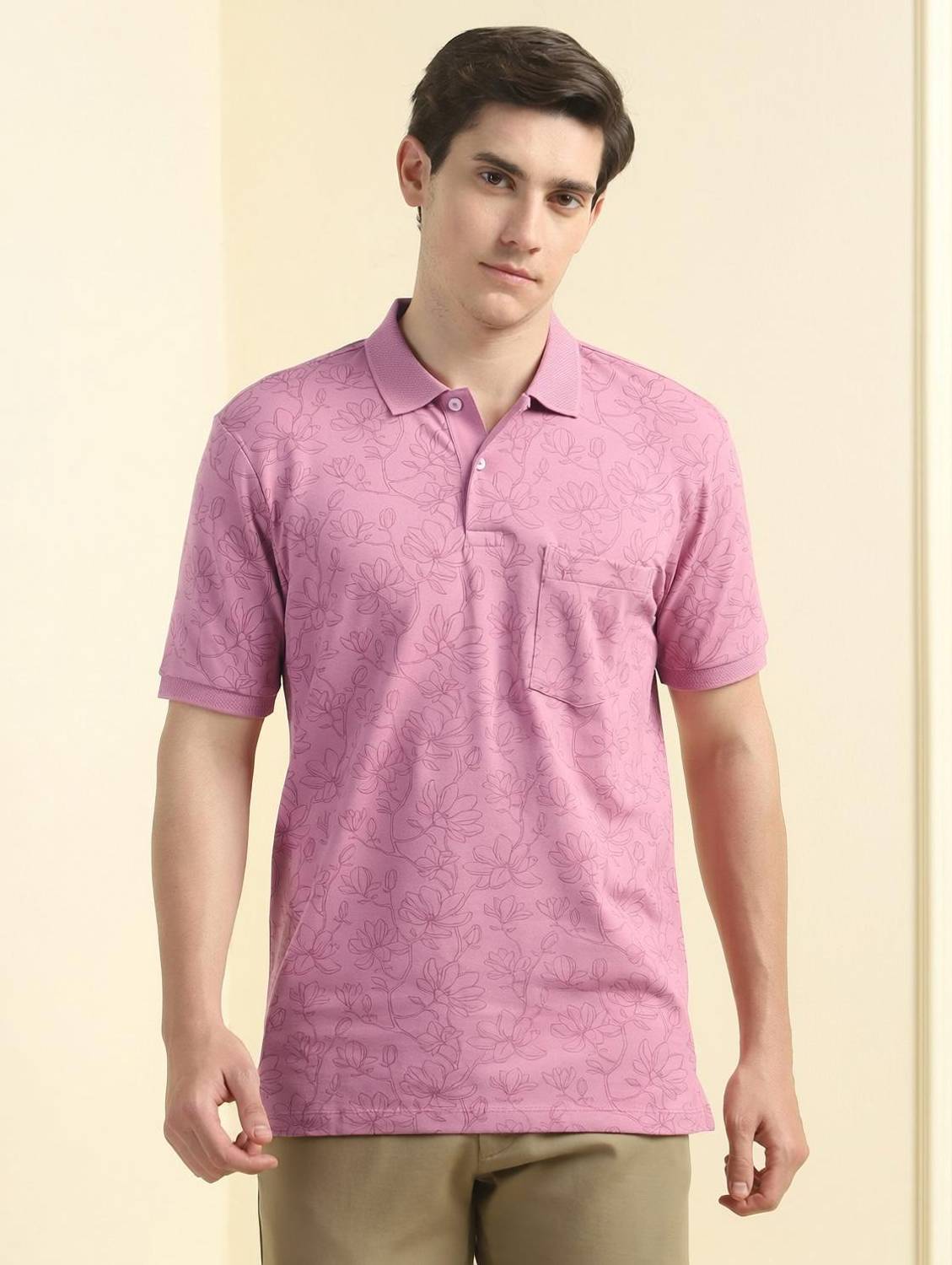 Allen Solly Printed Men Polo Neck Pink T-Shirt