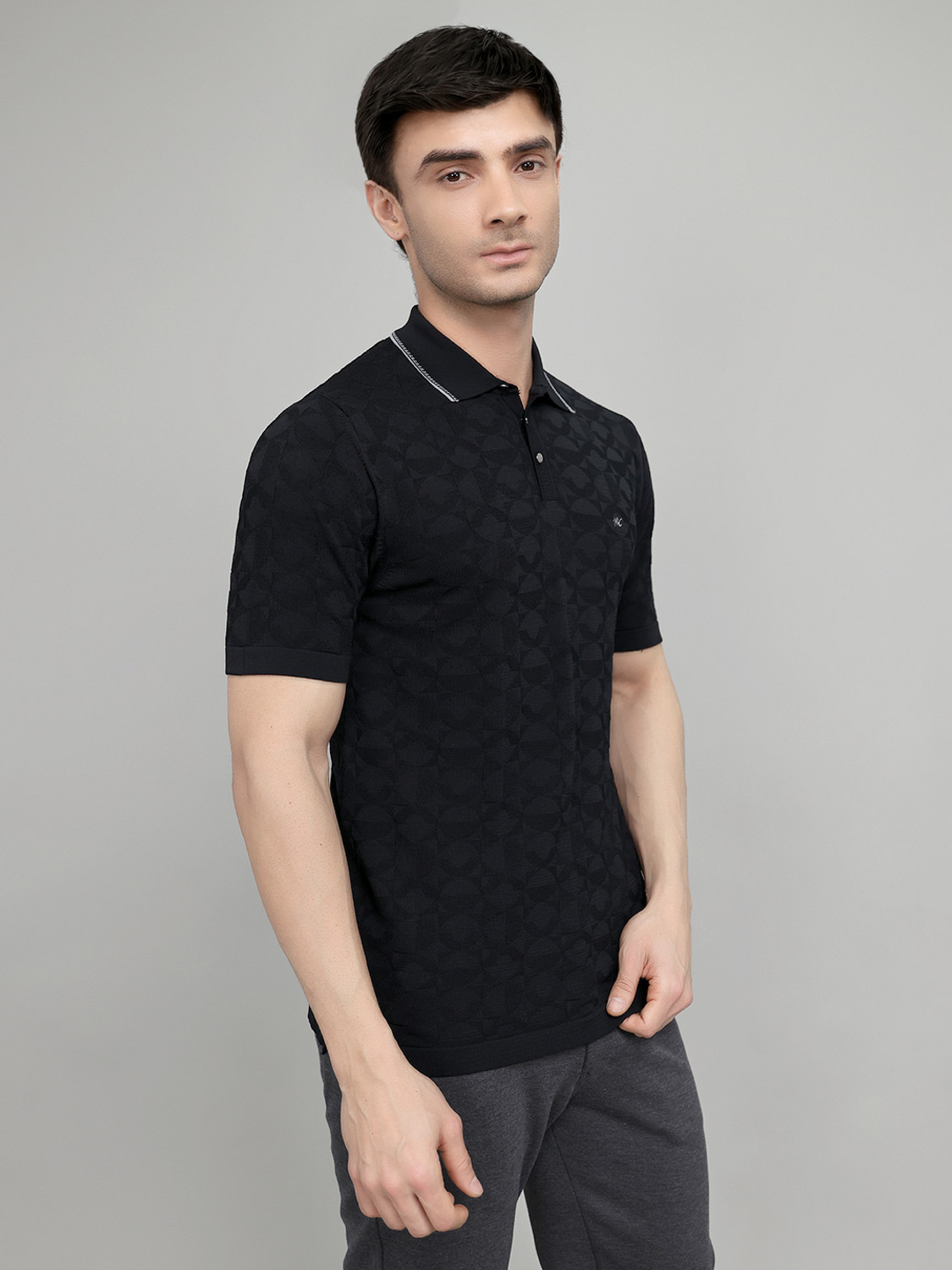 Image of MONTE CARLO Printed Men Polo Neck Black T-Shirt