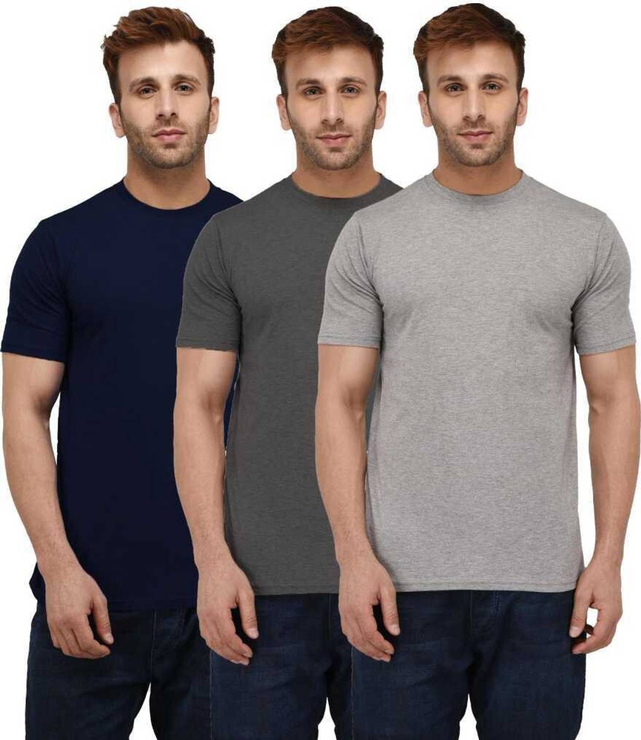 INKKR Pack of 3 Men Solid Round Neck Cotton Blend Dark Blue, Grey