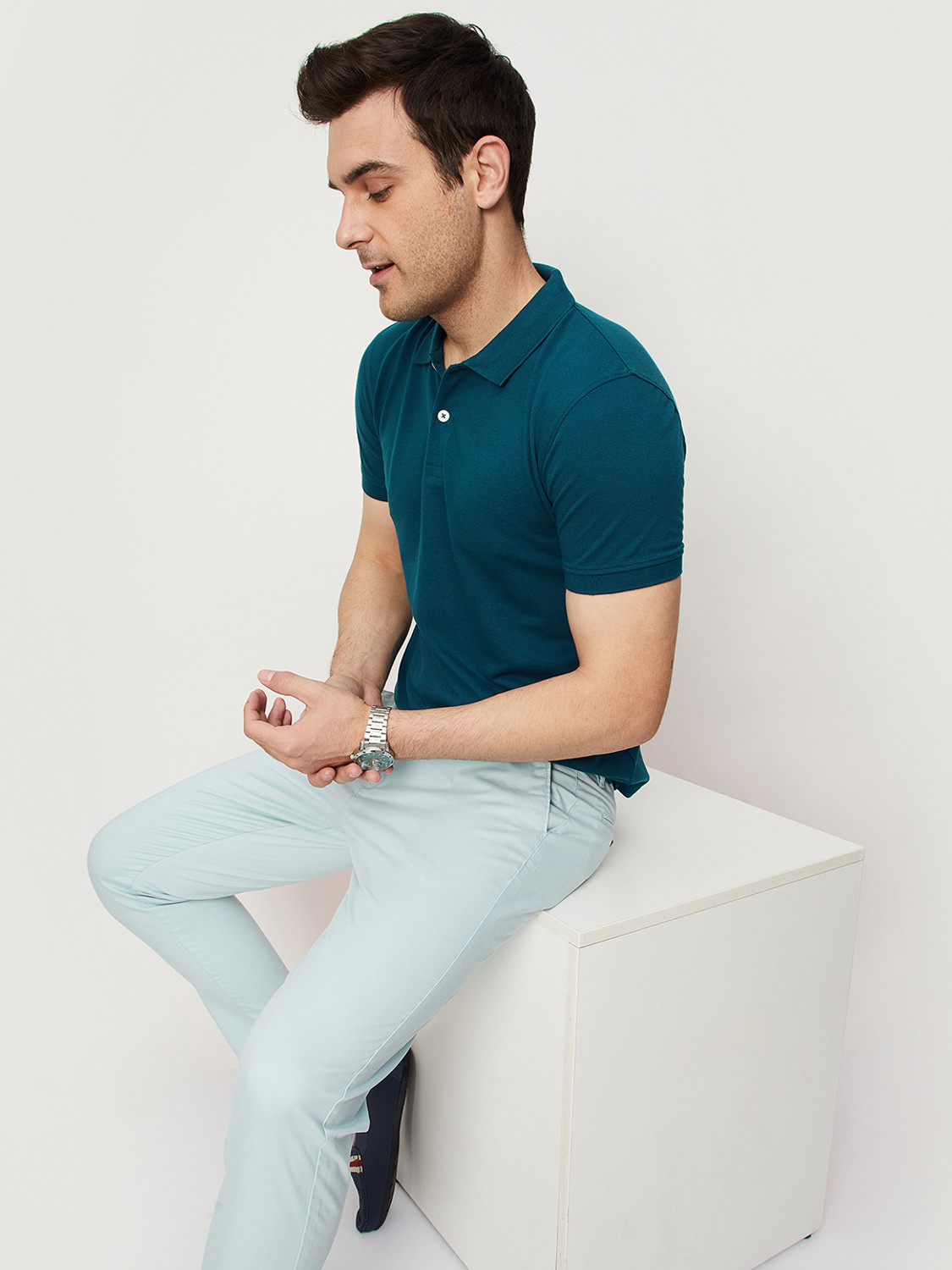 Image of MAX Solid Men Polo Neck Blue T-Shirt