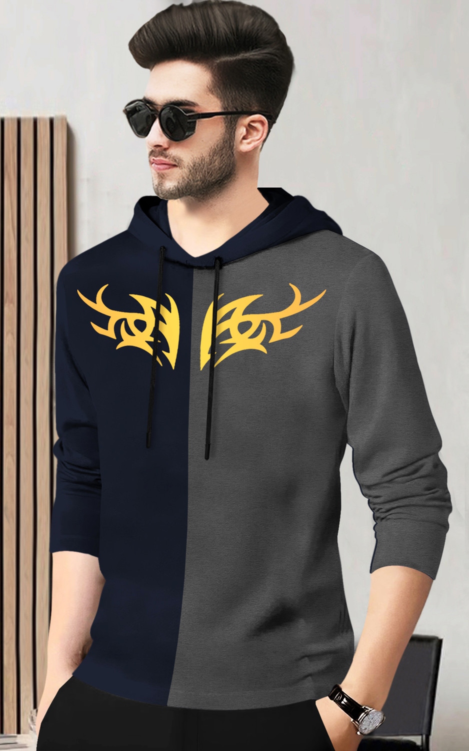 Image of BLIVE Printed Men Hooded Neck Navy Blue, Grey T-Shirt