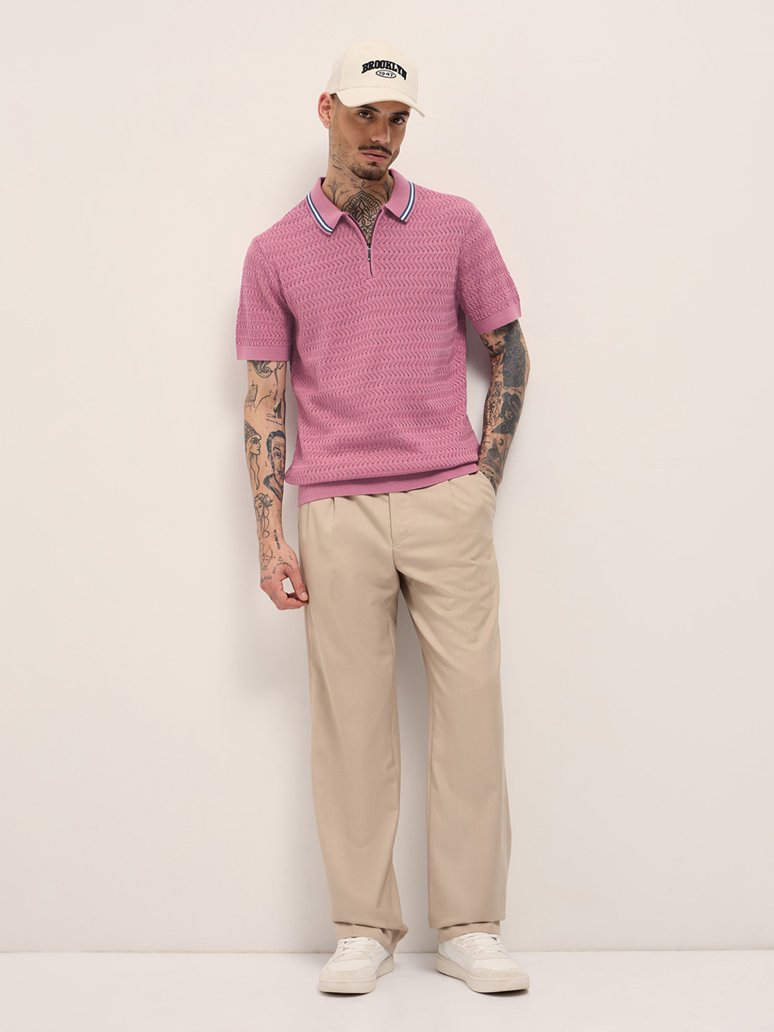 Image of THE BEAR HOUSE Men Self Design Polo Neck Pure Cotton Pink T-Shirt