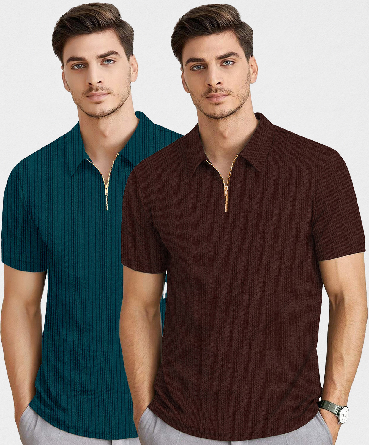 Image of KAJARU Self Design Men Zip Neck Dark Green, Brown T-Shirt