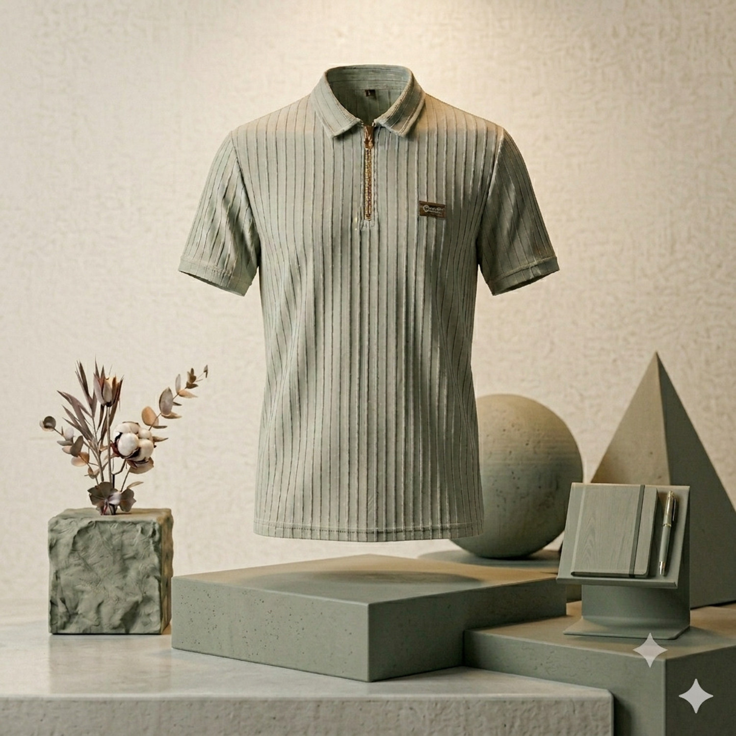 Image of RAMANI EMPORIUM Self Design Men Polo Neck Green T-Shirt