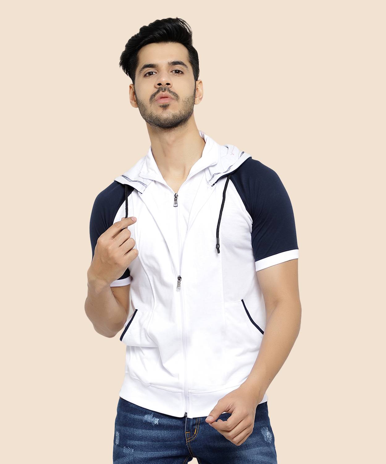 Black Collection Men Colorblock Hooded Neck Cotton Blend Dark Blu