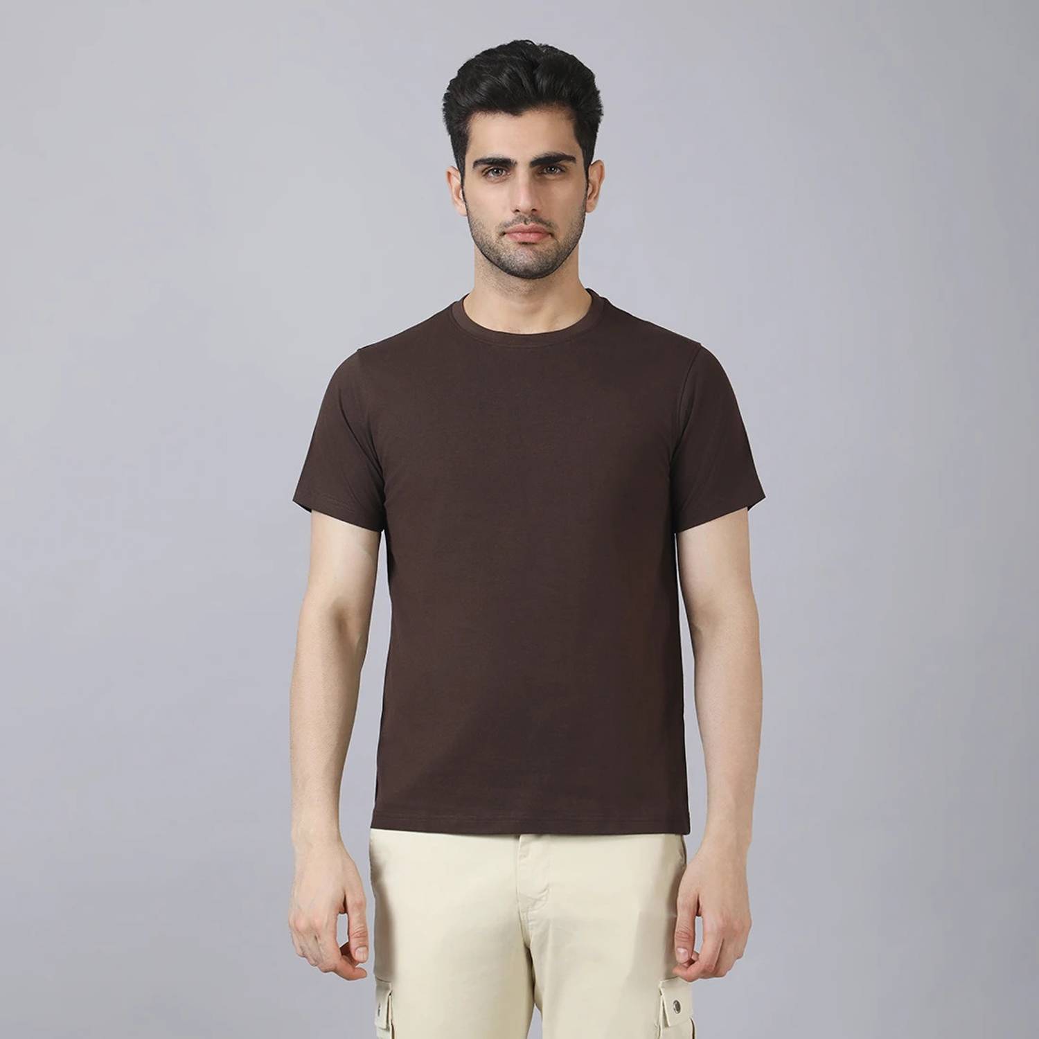 BELANO Solid Men Round Neck Brown T-Shirt