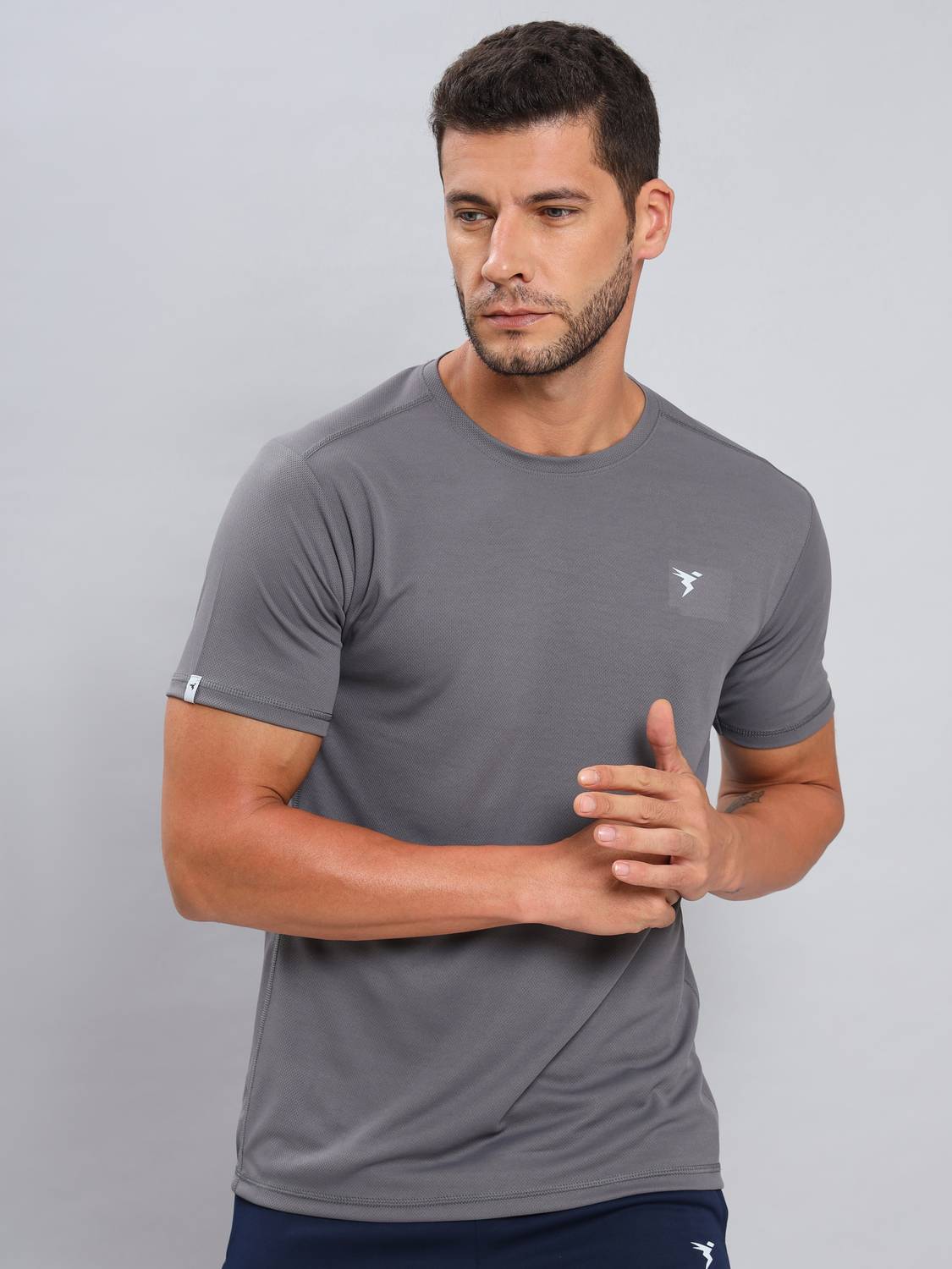 TECHNOSPORT Men Solid Round Neck Polyester Grey T-Shirt