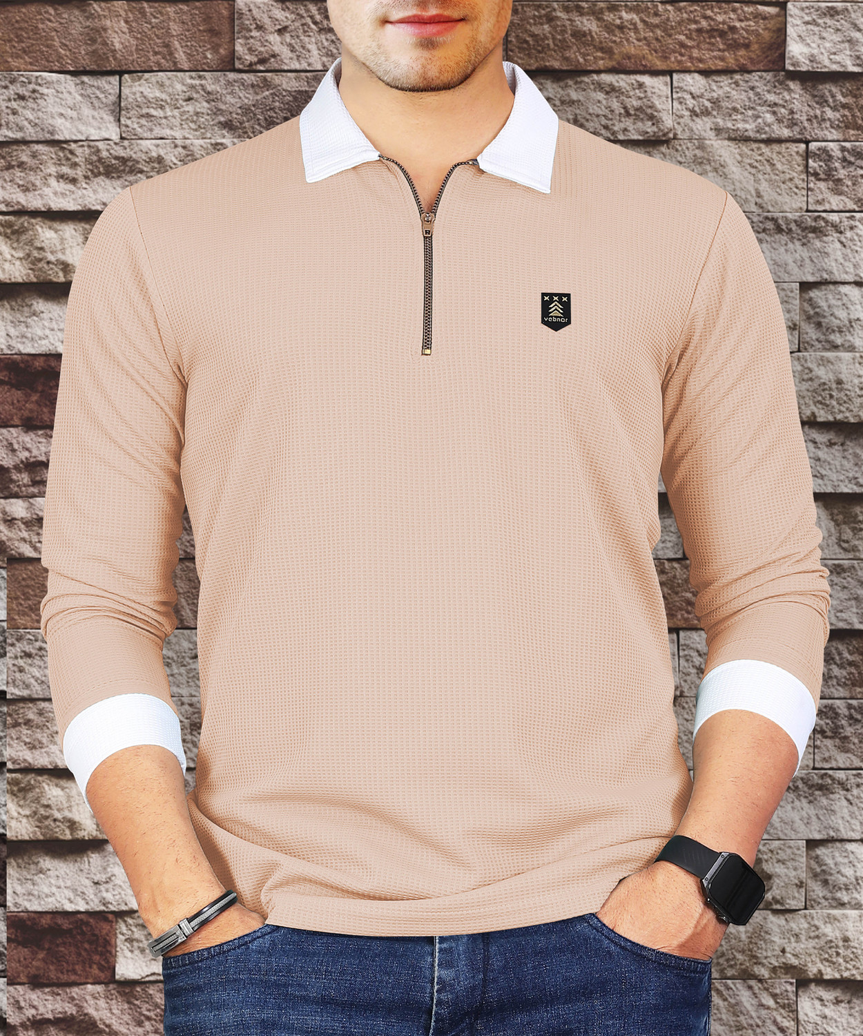 Image of VeBNoR Self Design Men Polo Neck Beige T-Shirt