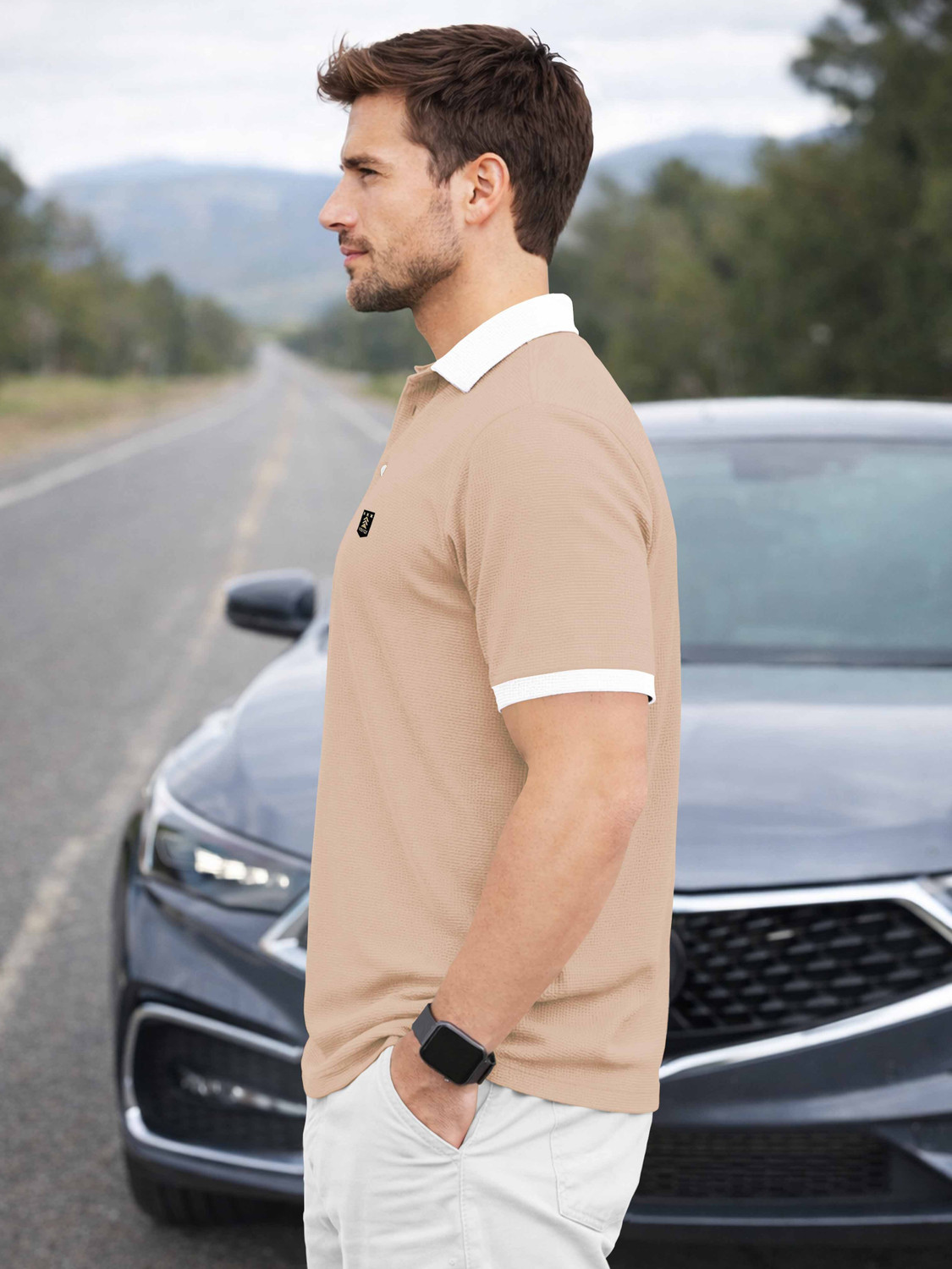 Image of VeBNoR Printed Men Polo Neck Beige T-Shirt