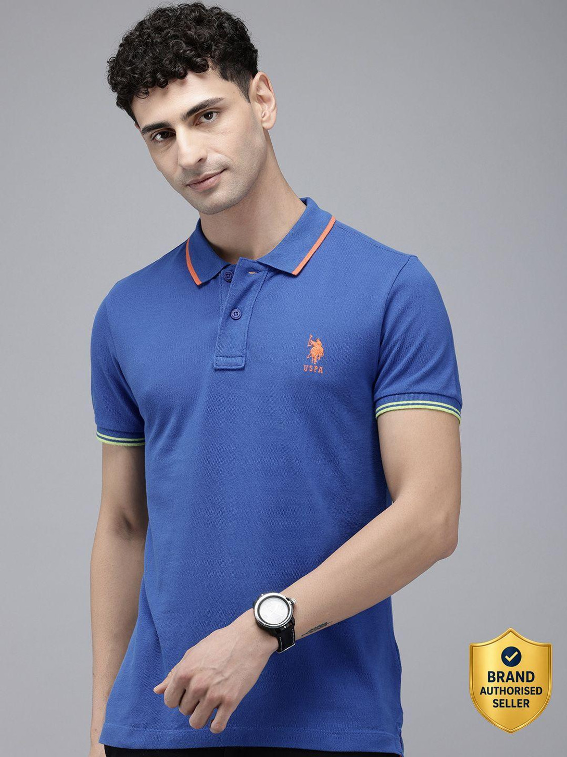 Image of U.S. POLO ASSN. Solid Men Polo Neck Blue T-Shirt