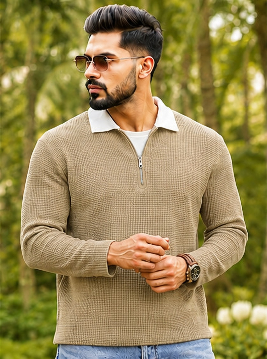 Image of NOOK Self Design Men Polo Neck Beige T-Shirt