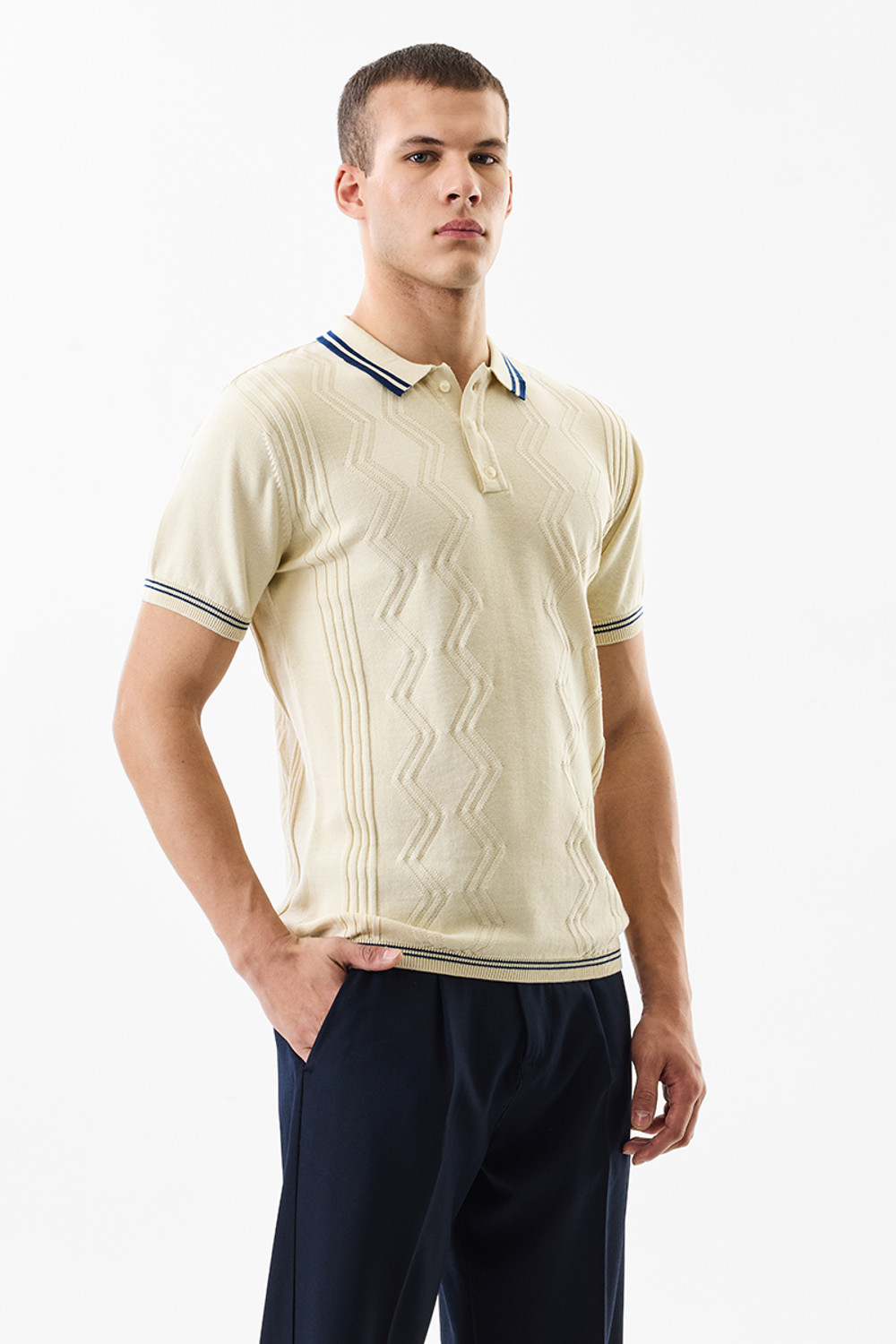 Image of Snitch Chevron /Zig Zag Men Polo Neck Beige T-Shirt