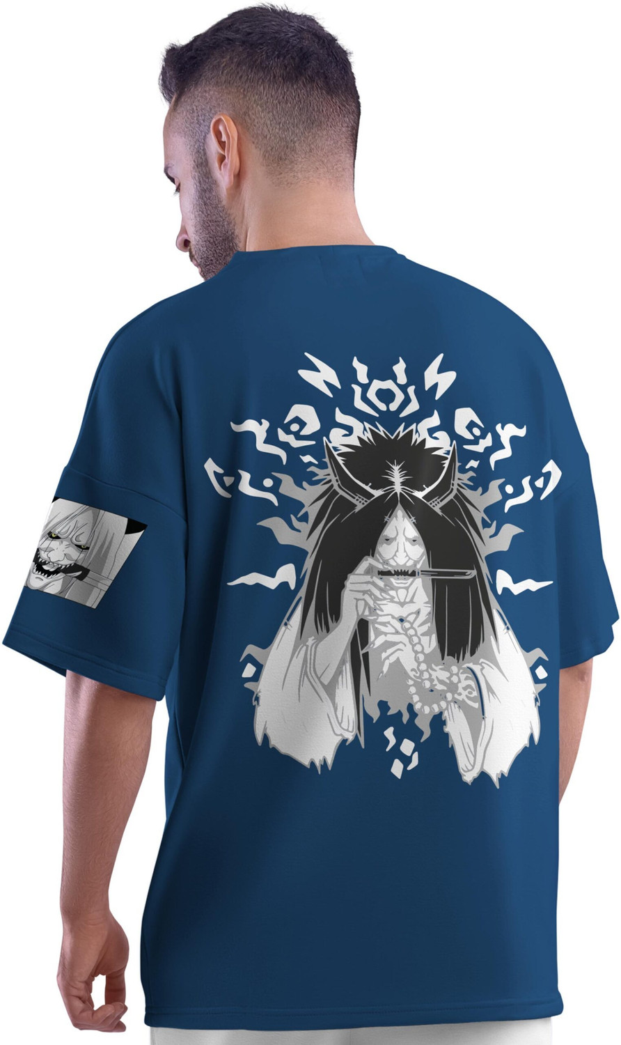 Image of Thecrazymonk Graphic Print Men Round Neck Navy Blue T-Shirt