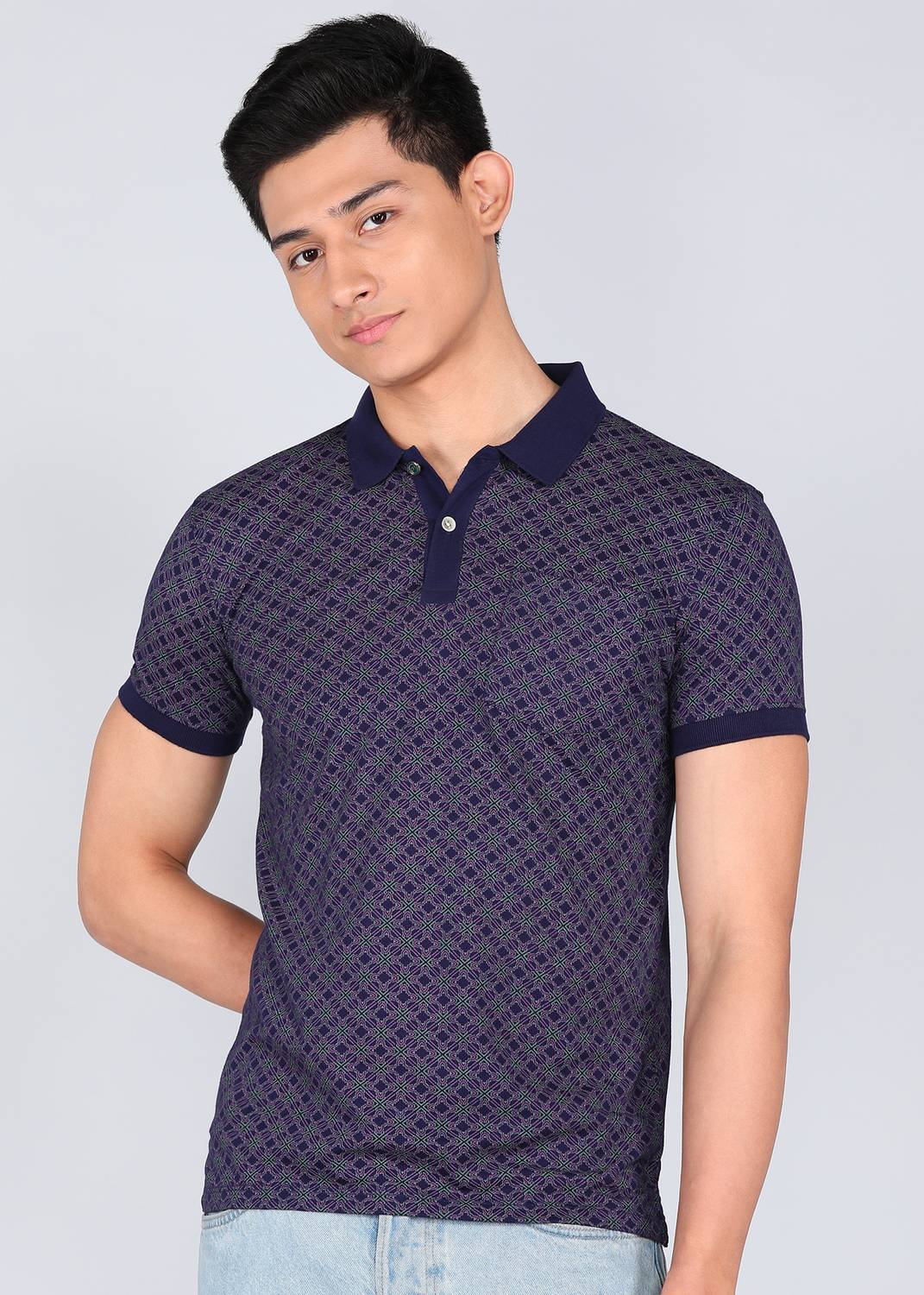 PETER ENGLAND Men Printed Polo Neck Cotton Blend Blue T-Shirt