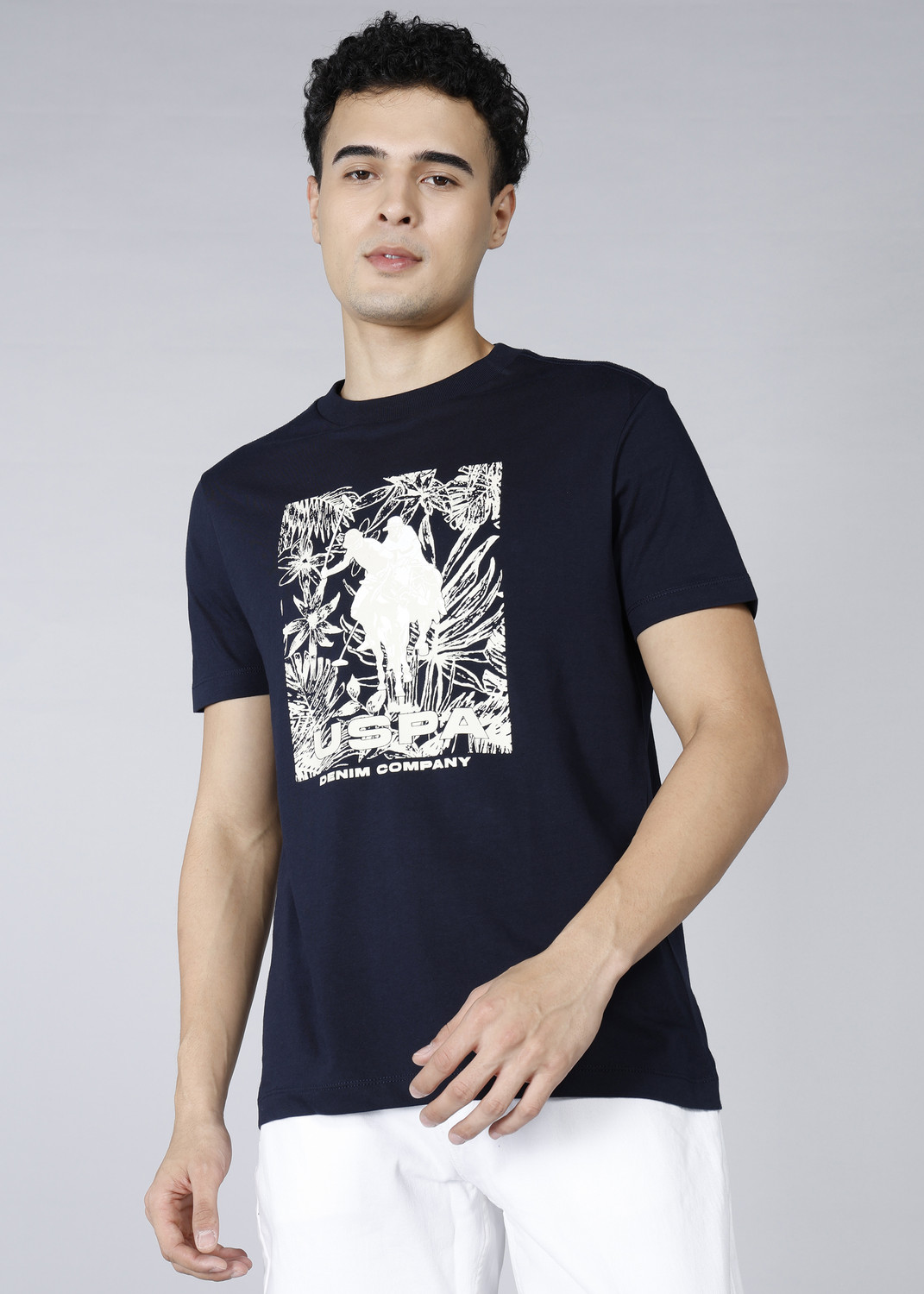 Image of U.S. Polo Assn. Denim Co. Men Graphic Print Round Neck Pure Cotton Blue T-Shirt