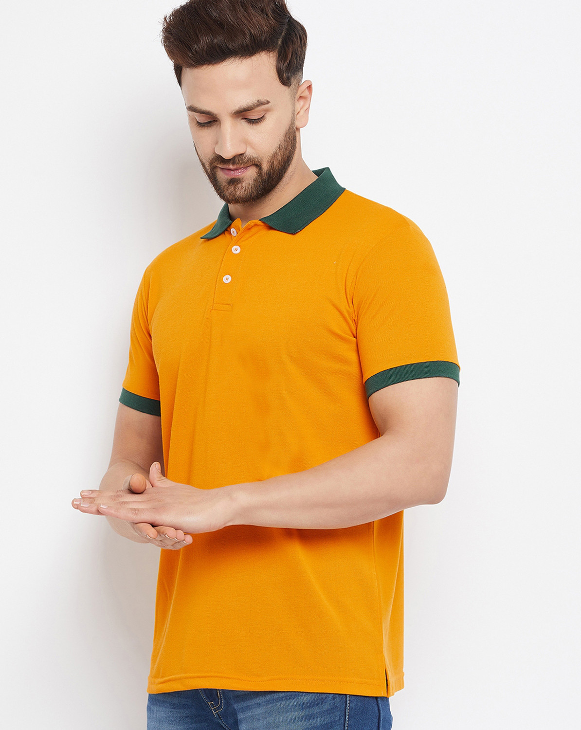 Image of The Million Club Printed Men Polo Neck Gold T-Shirt