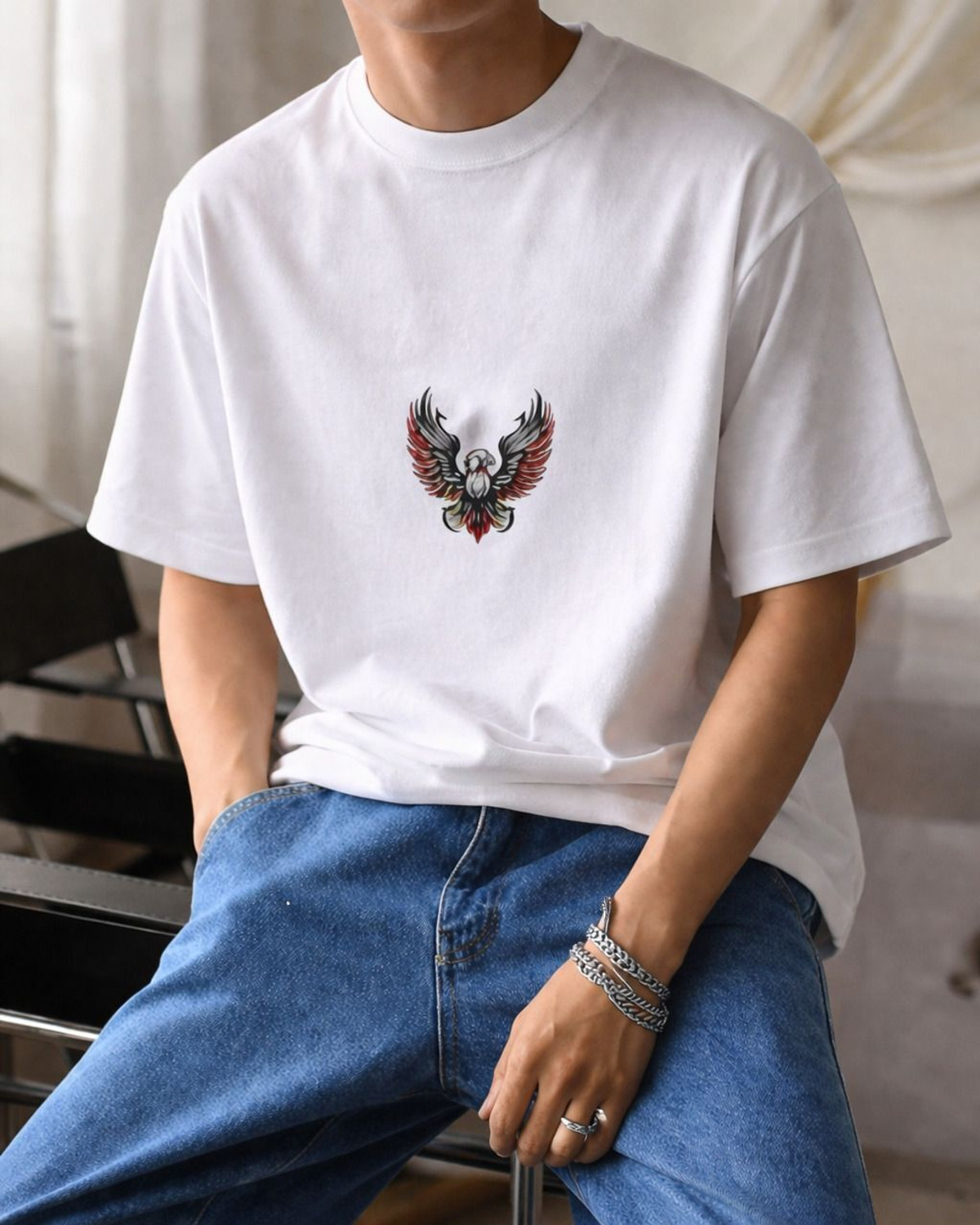 Image of PATOIS Printed Men Round Neck White T-Shirt