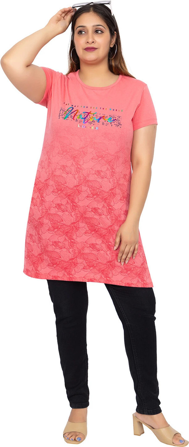 Image of Star Touch Printed Women Round Neck Pink T-Shirt