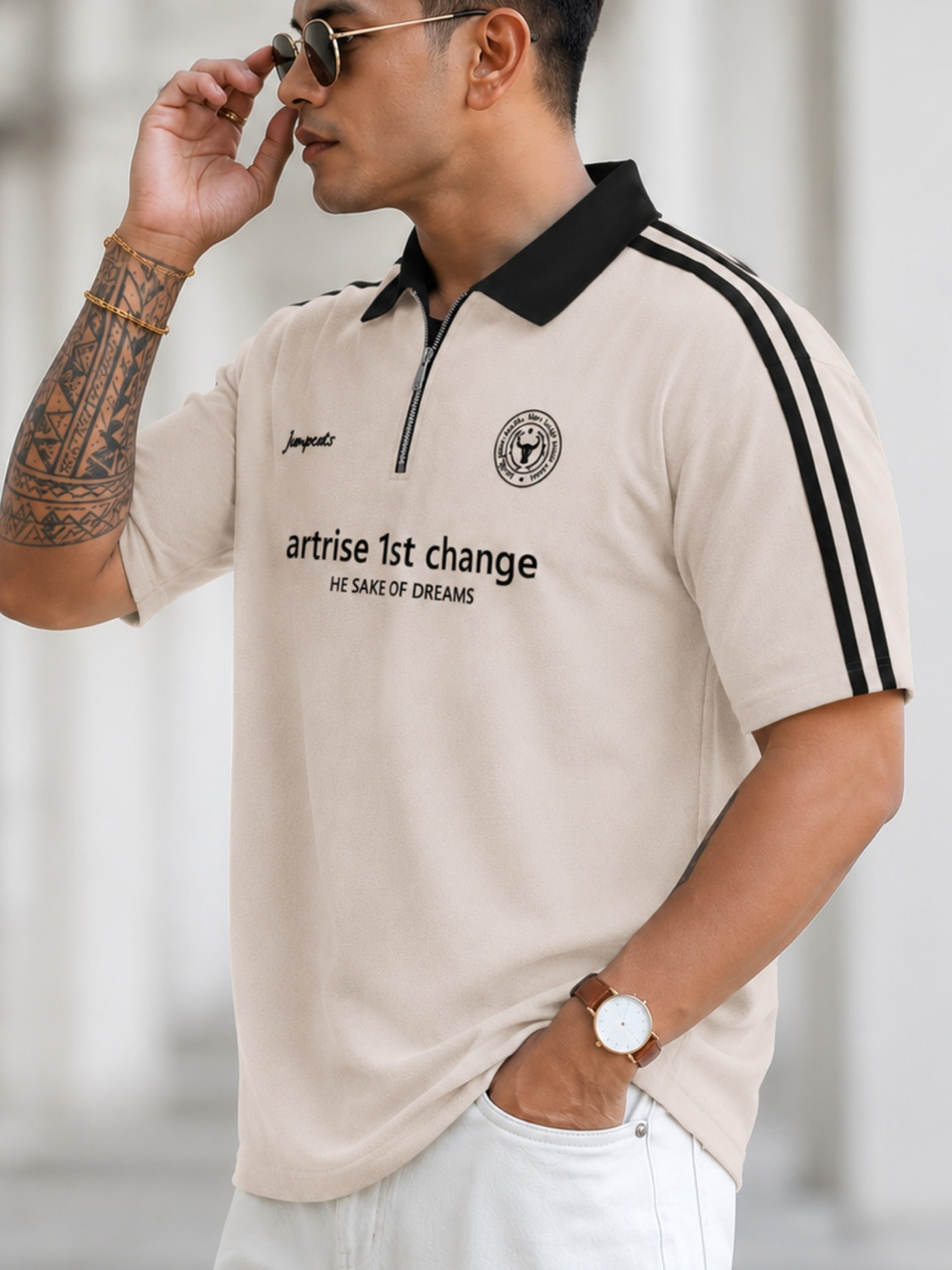 Image of Jump Cuts Printed Men Zip Neck Beige T-Shirt