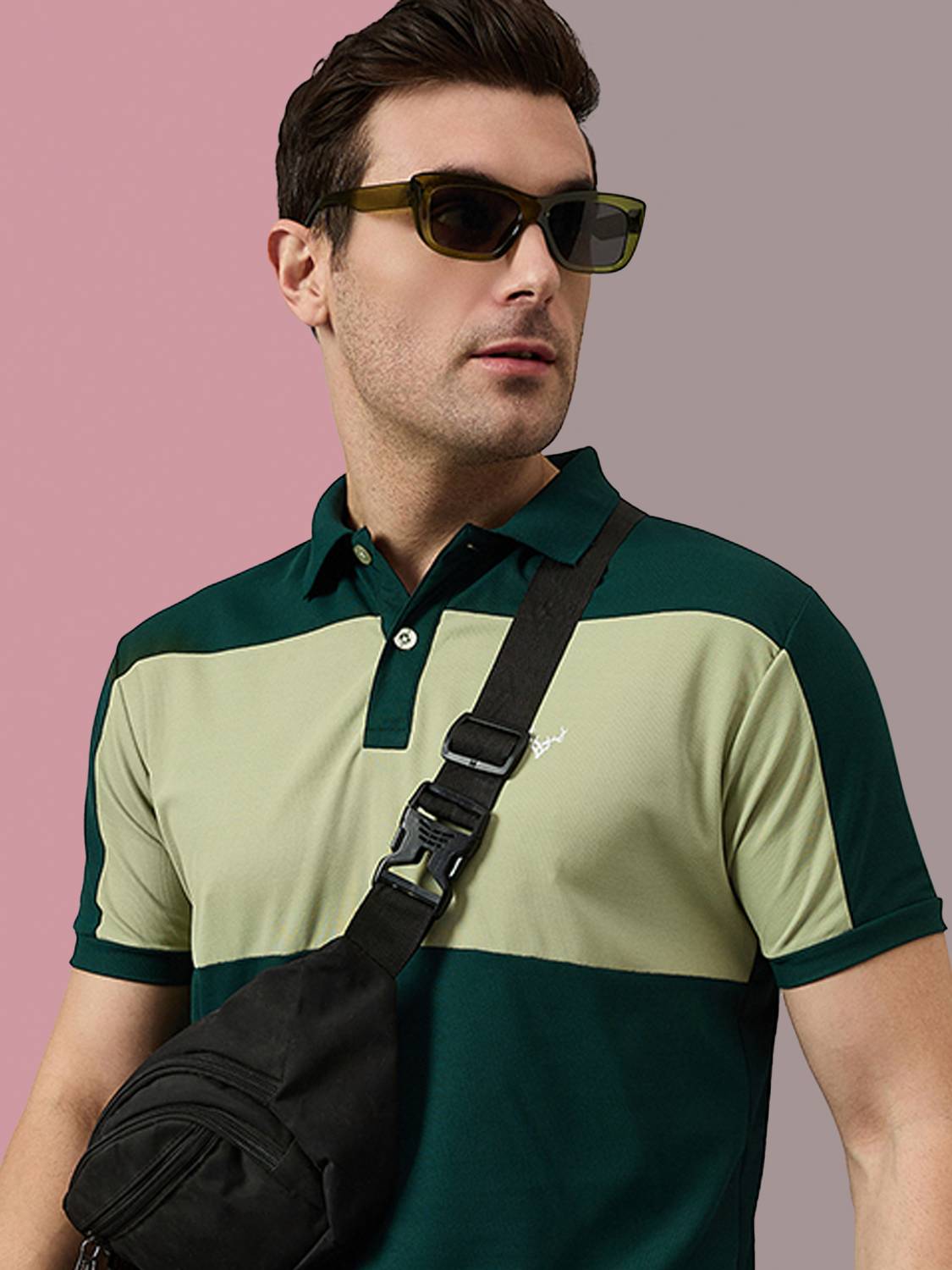 BRONATION Colorblock Men Polo Neck Light Green T-Shirt