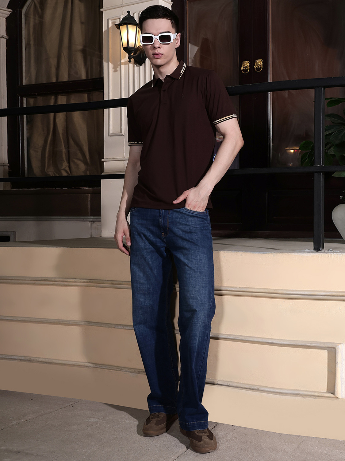 Image of CRIMSOUNE CLUB Solid Men Polo Neck Brown T-Shirt