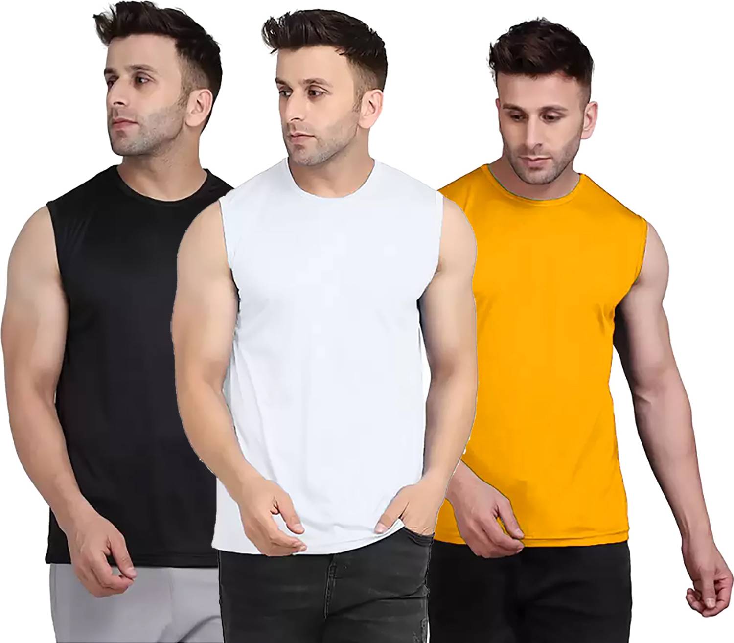 Renowned Pack of 3 Men Solid Round Neck Polyester Black, White, Y